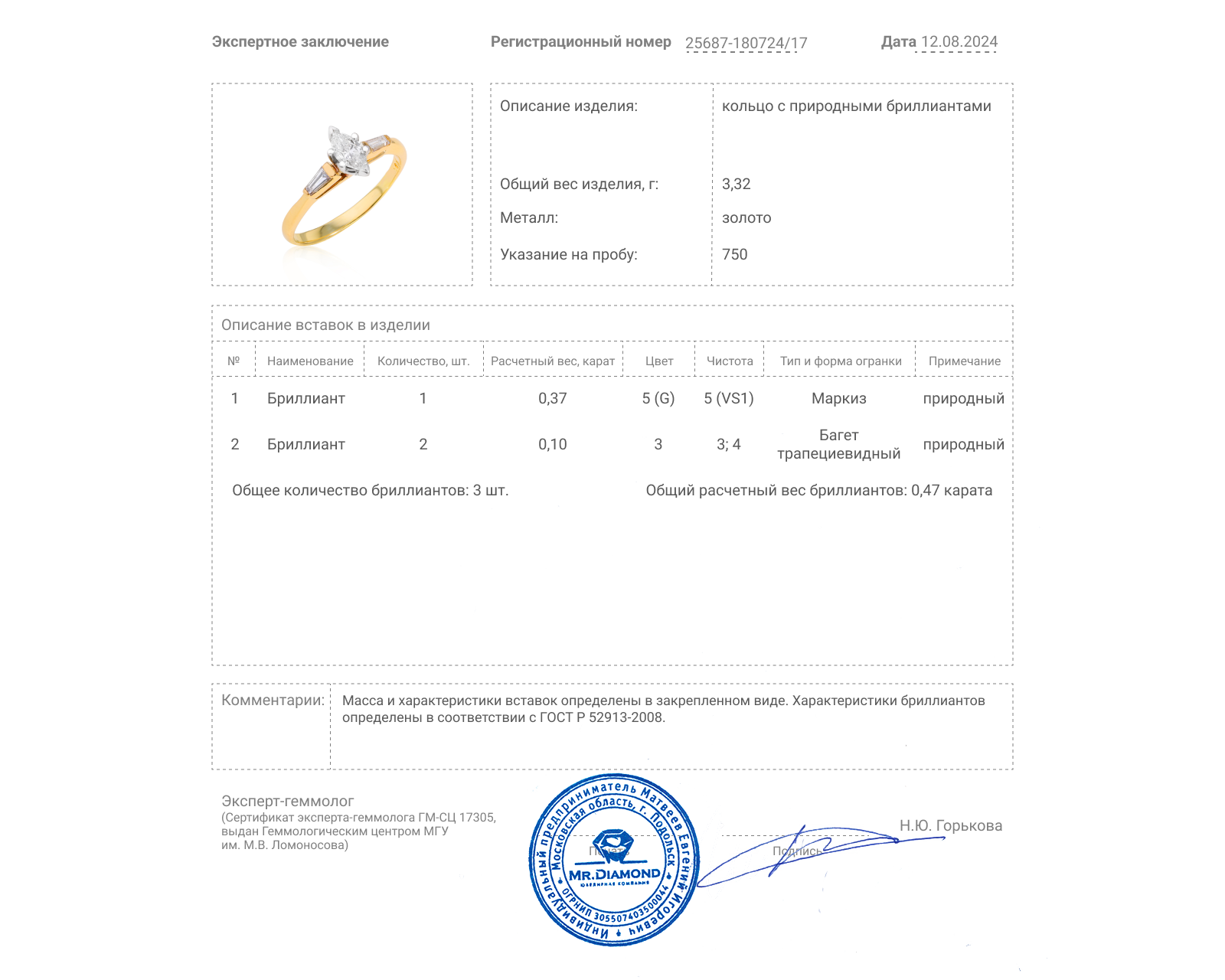 Золотое кольцо с бриллиантами 0.47ct