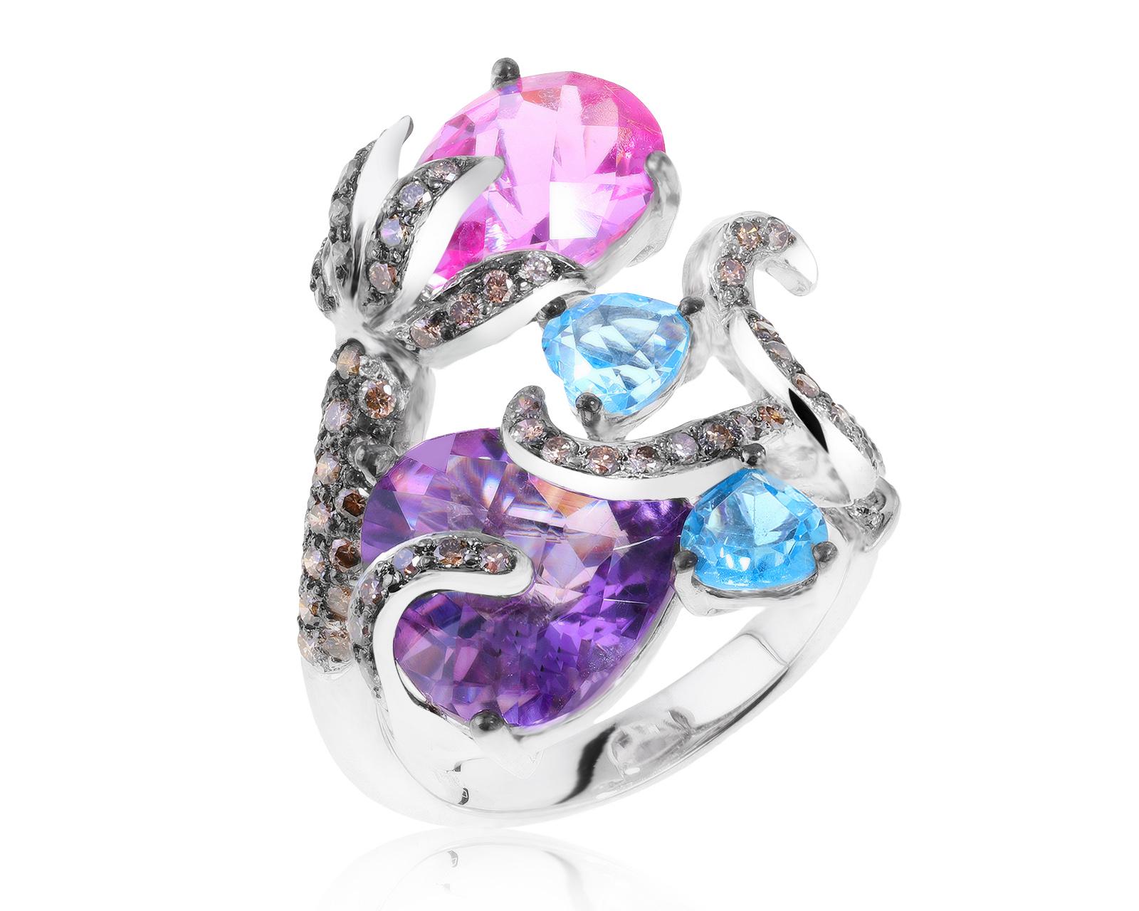 Коктейльное золотое кольцо с цветными камнями 5.62ct 030421/4 Коктейльное золотое кольцо с цветными камнями 5.62ct 030421/4