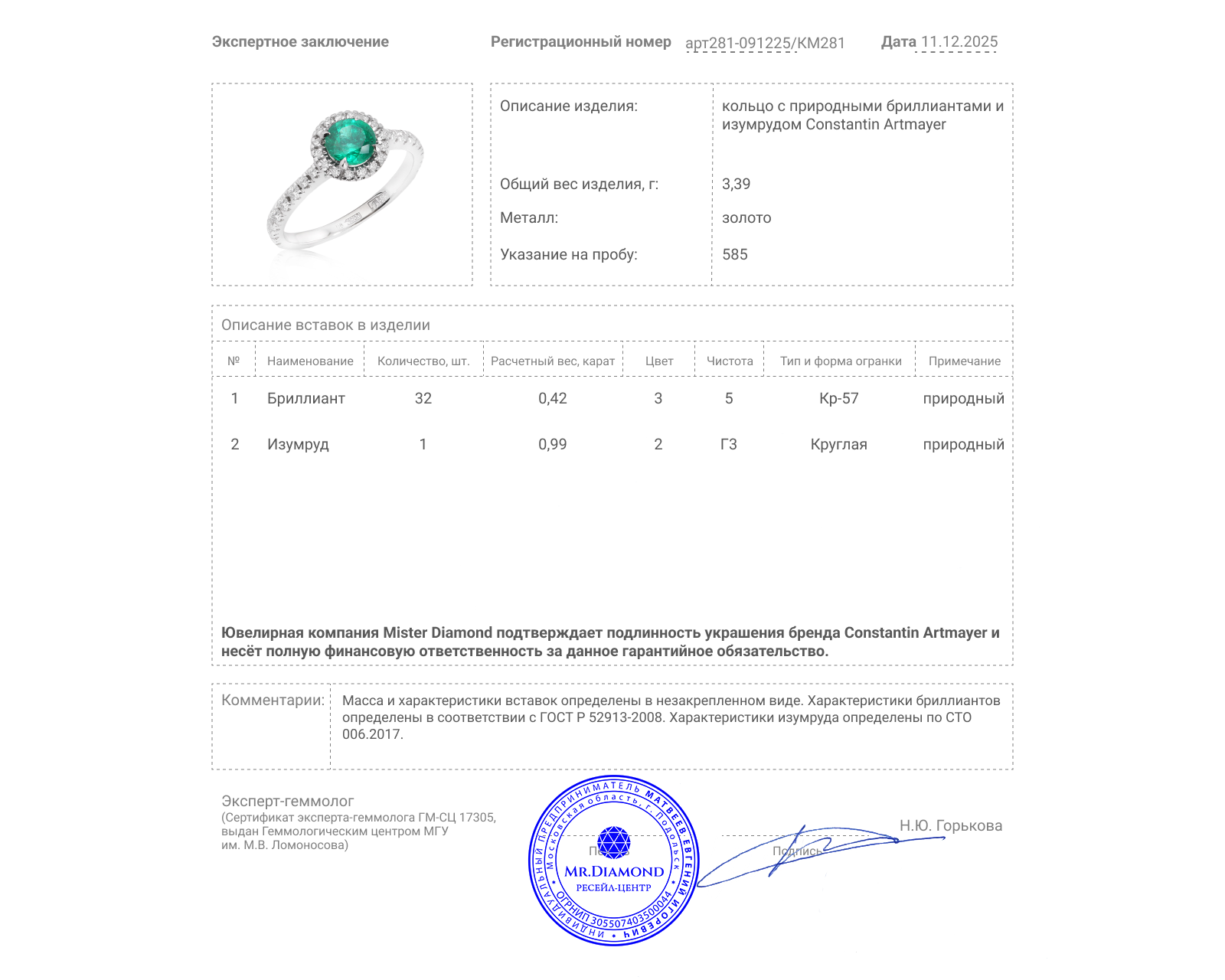 Оригинальное золотое кольцо с изумрудом 0.99ct Constantin Artmayer