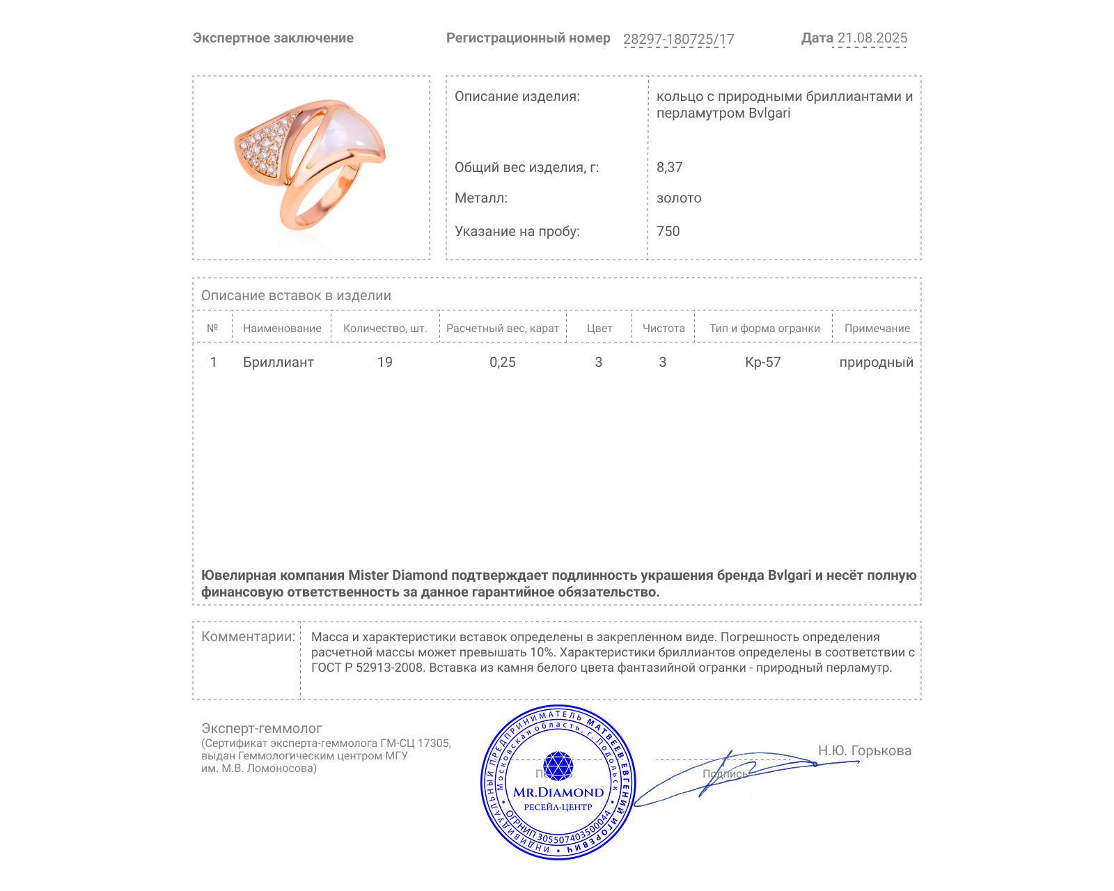 Оригинальное золотое кольцо с перламутром Bvlgari Divas’ Dream