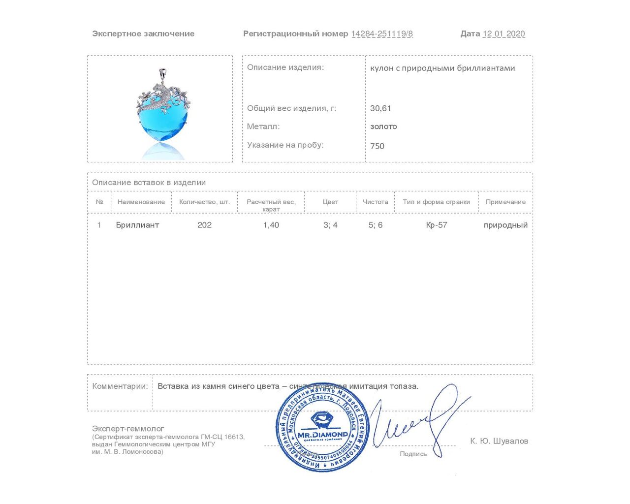 Роскошный золотой кулон с синтетическим топазом
