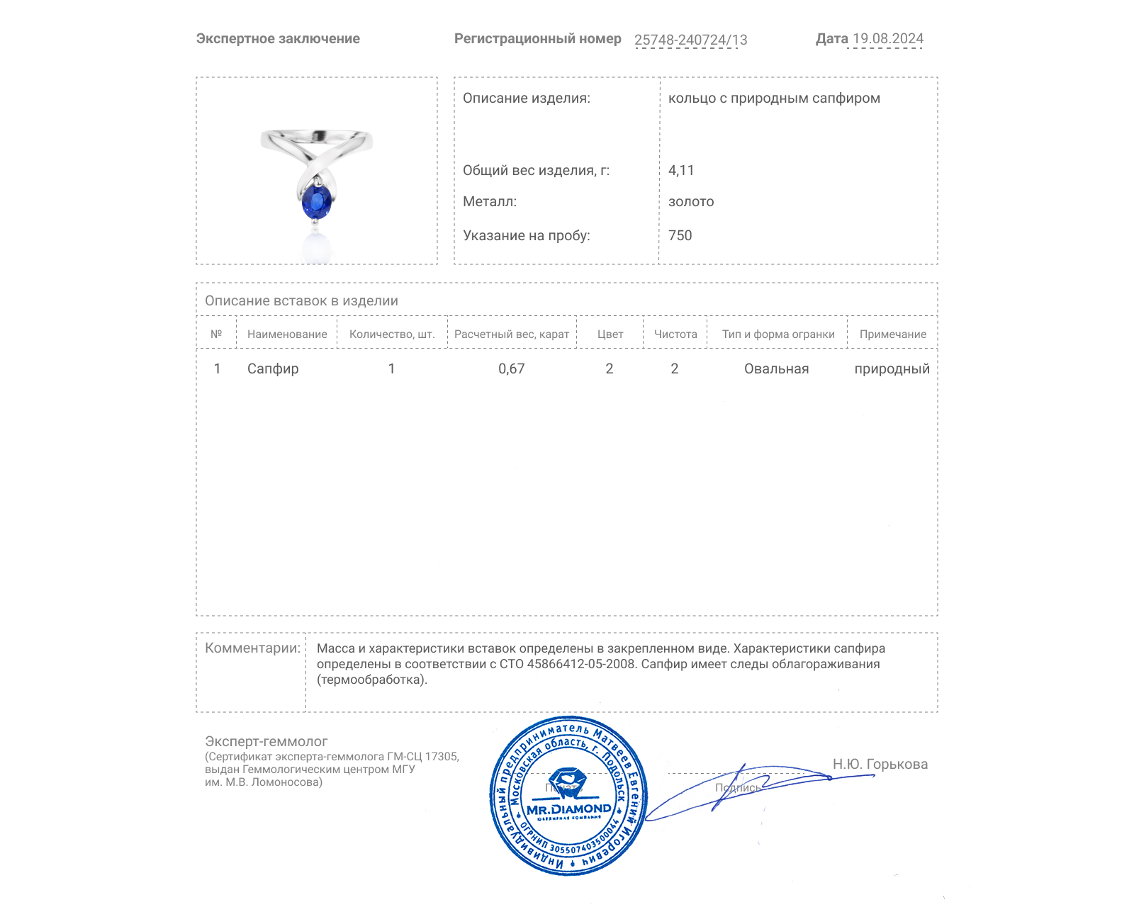 Золотое кольцо с сапфиром 0.67ct