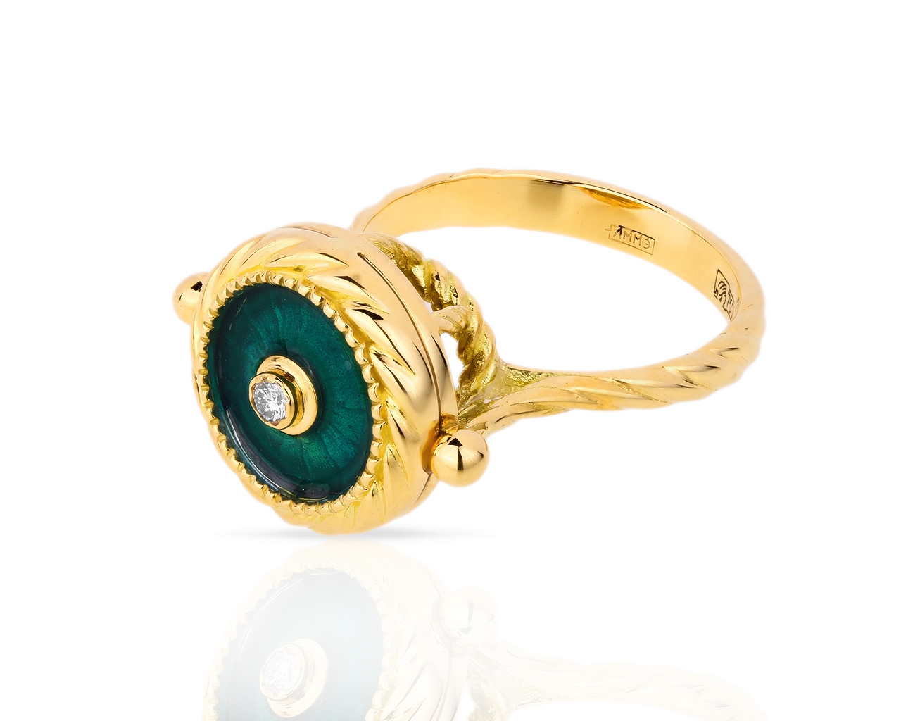 Золотое кольцо с бриллиантом и зеленой эмалью