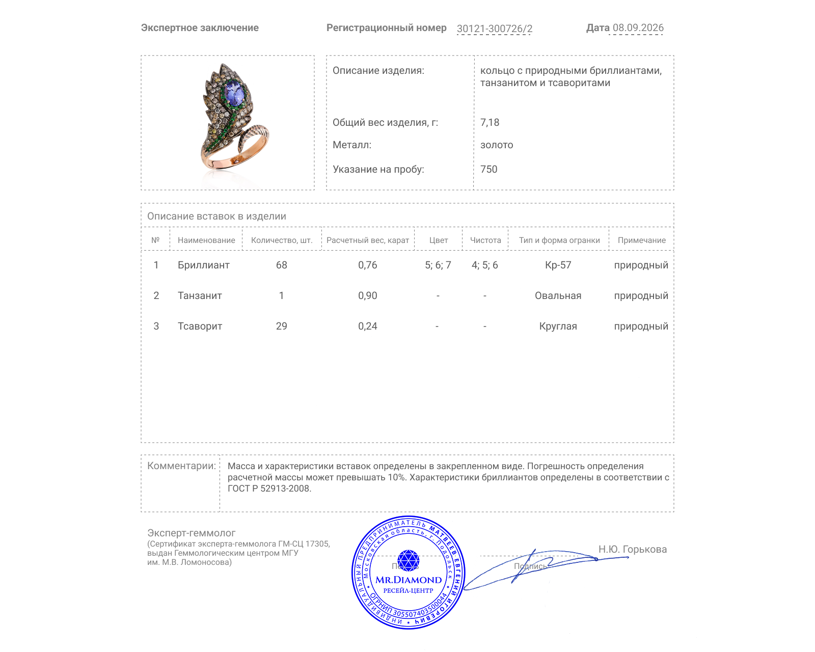 Золотое кольцо с танзанитом 0.90ct и бриллиантами 0.76ct