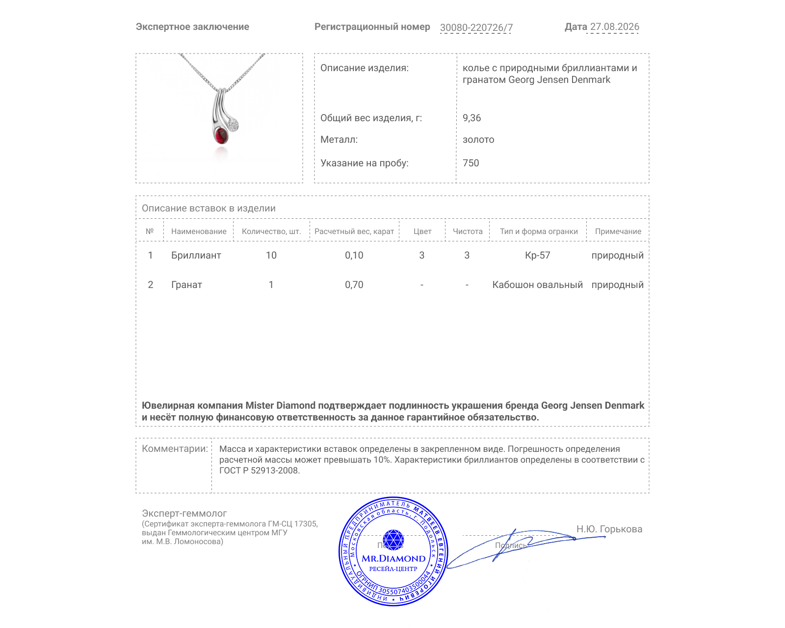 Оригинальное золотое колье с гранатом 0.70ct Georg Jensen Denmark