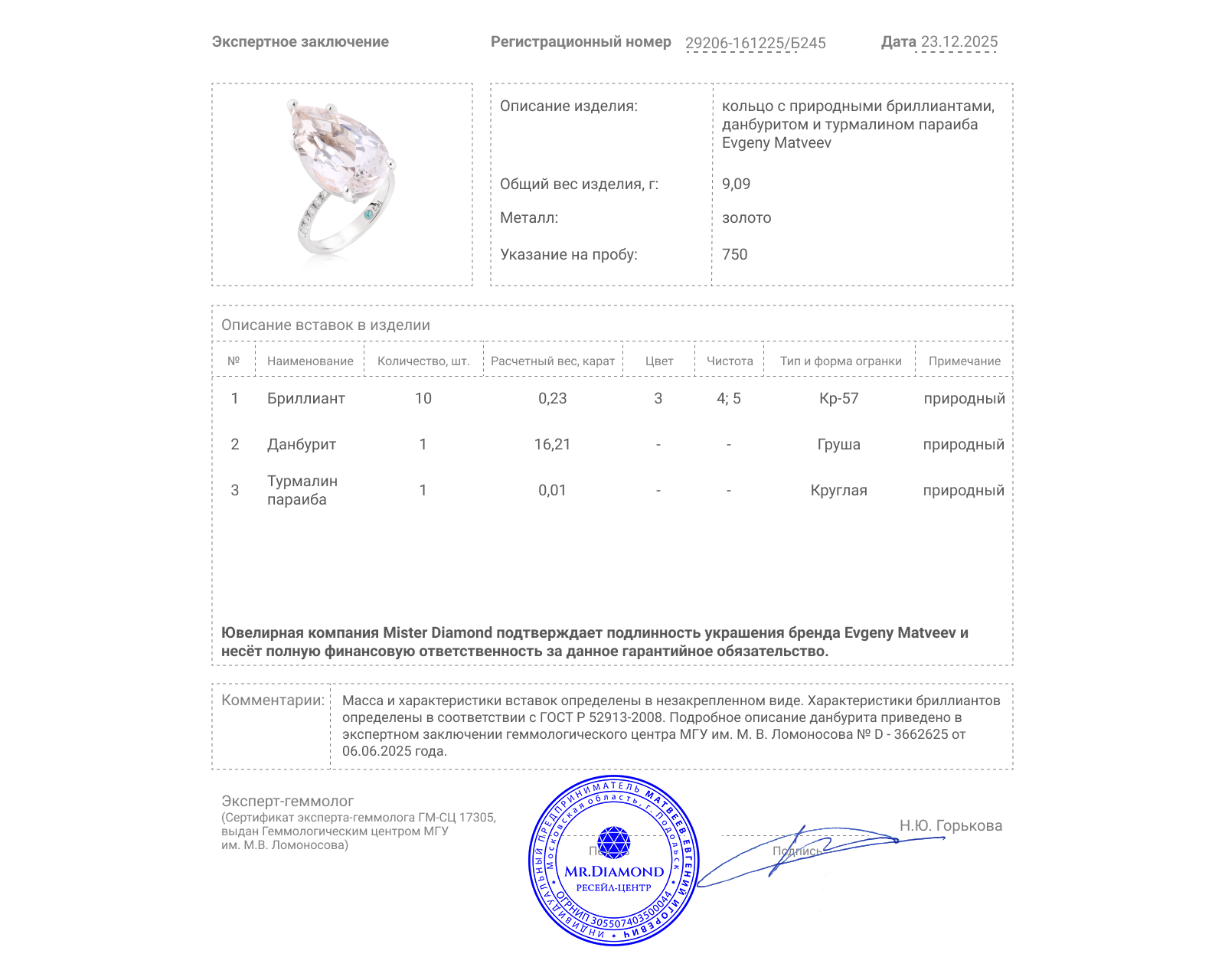 Золотое кольцо с данбуритом 16.21ct Evgeny Matveev