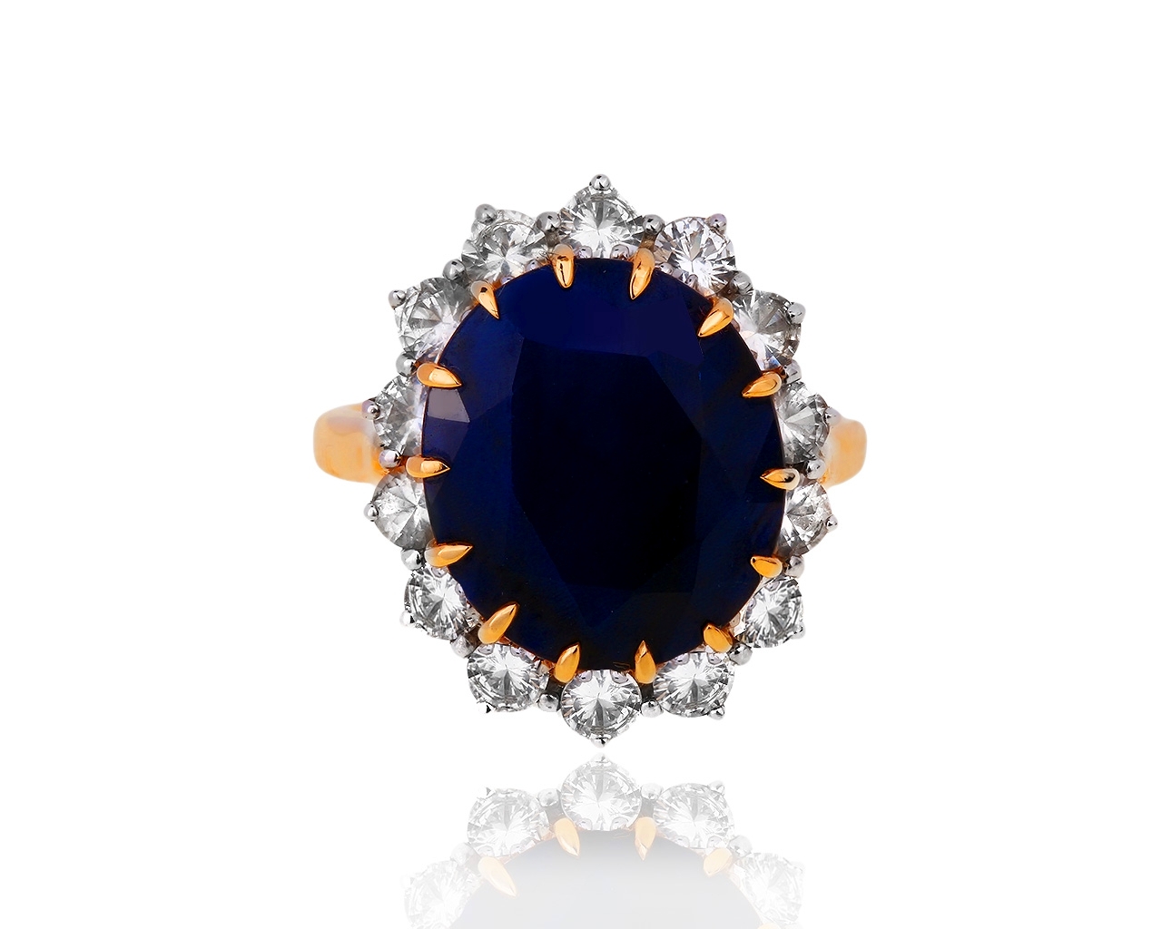 Золотое кольцо с синим и бесцветными сапфирами 10.49ct