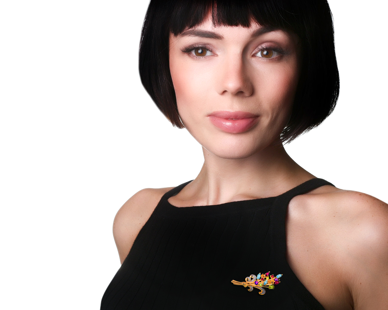 Яркая золотая брошь с цветными камнями и бриллиантами 0.04ct