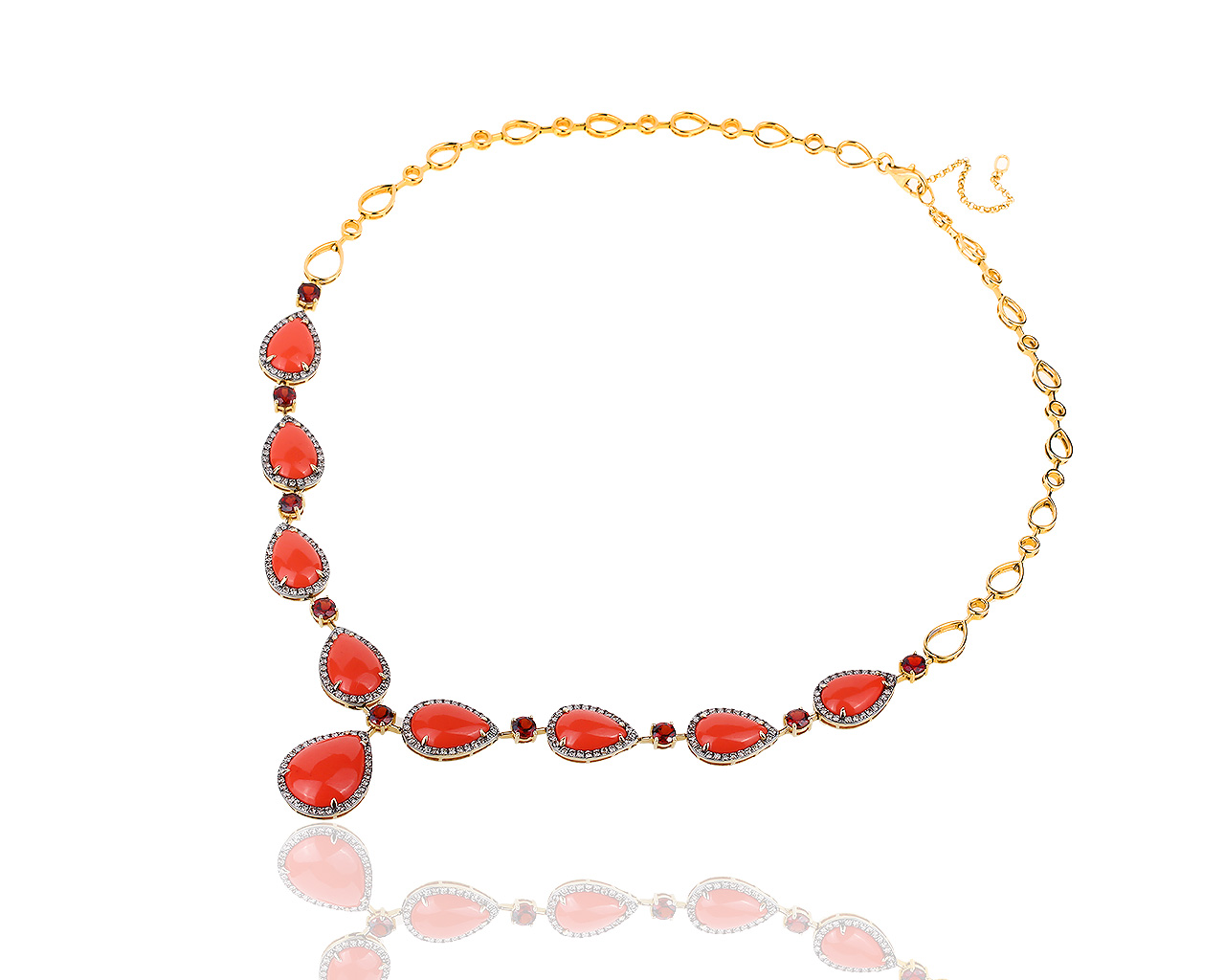 Золотое колье с гранатами, кораллами и бриллиантами 1.43ct