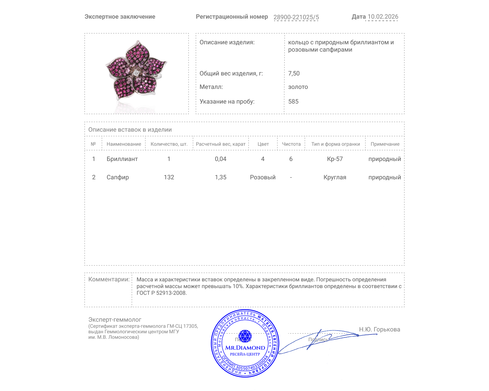 Золотое кольцо с сапфирами 1.35ct и бриллиантом 0.04ct