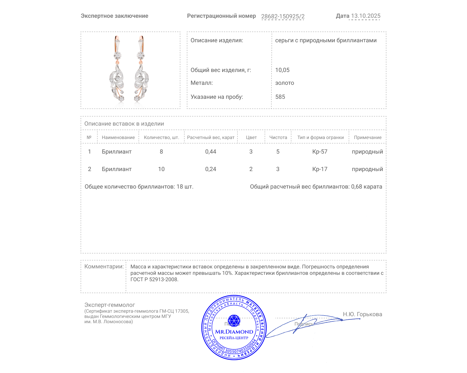 Золотые серьги с бриллиантами 0.68ct