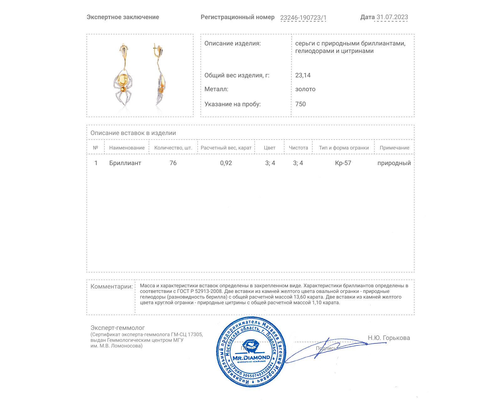 Золотые серьги с гелиодорами 13.60ct