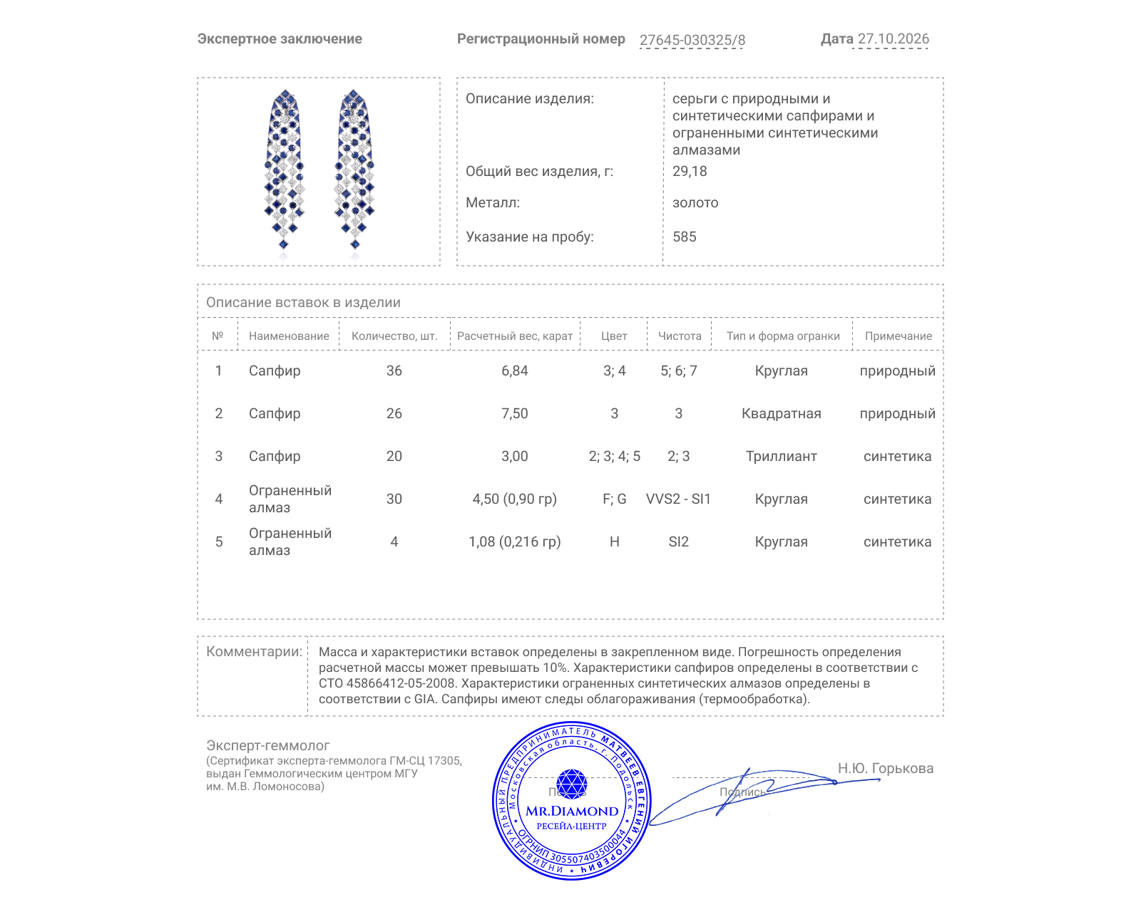 Золотые серьги с сапфирами 14.34ct и бриллиантами 5.58ct