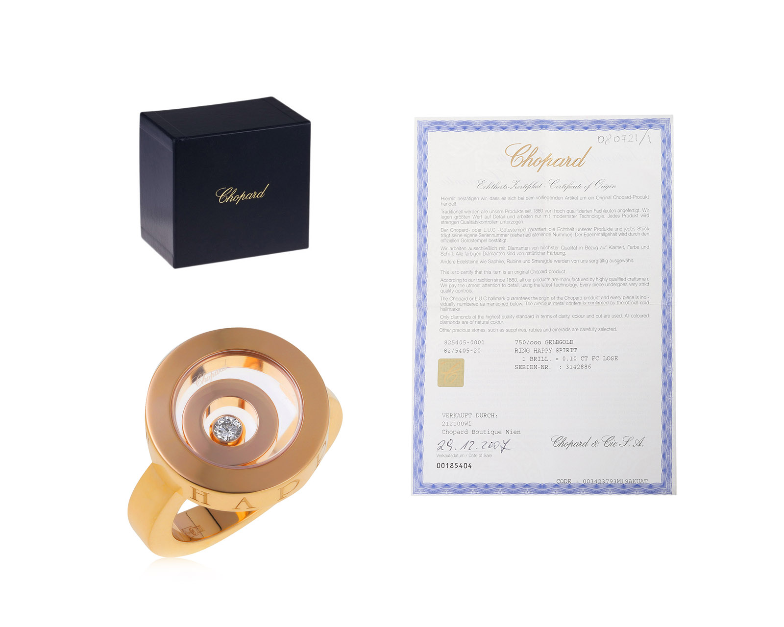 Оригинальное золотое кольцо с бриллиантом 0.10ct Chopard Happy Spirit