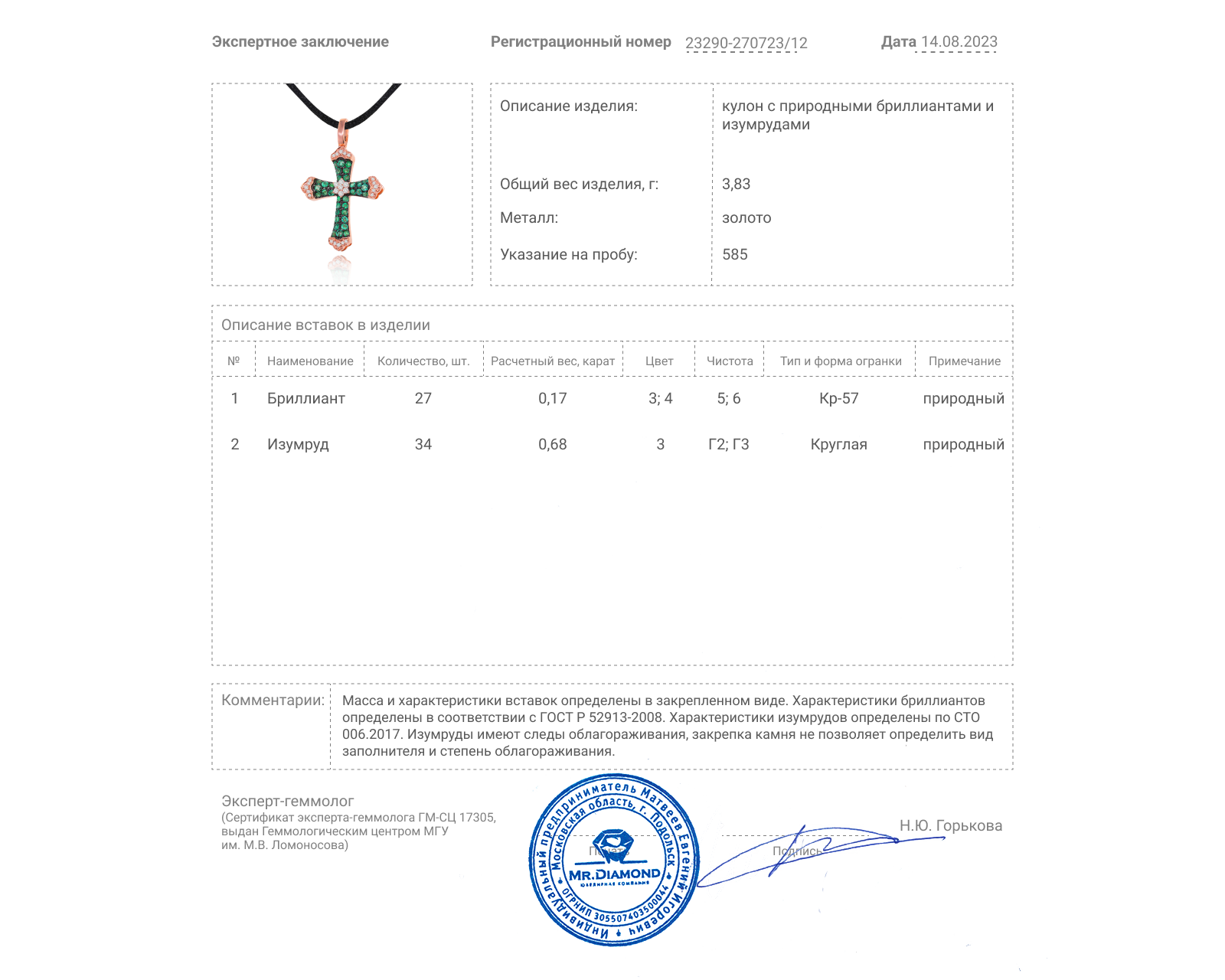 Золотой кулон с изумрудами 0.68ct
