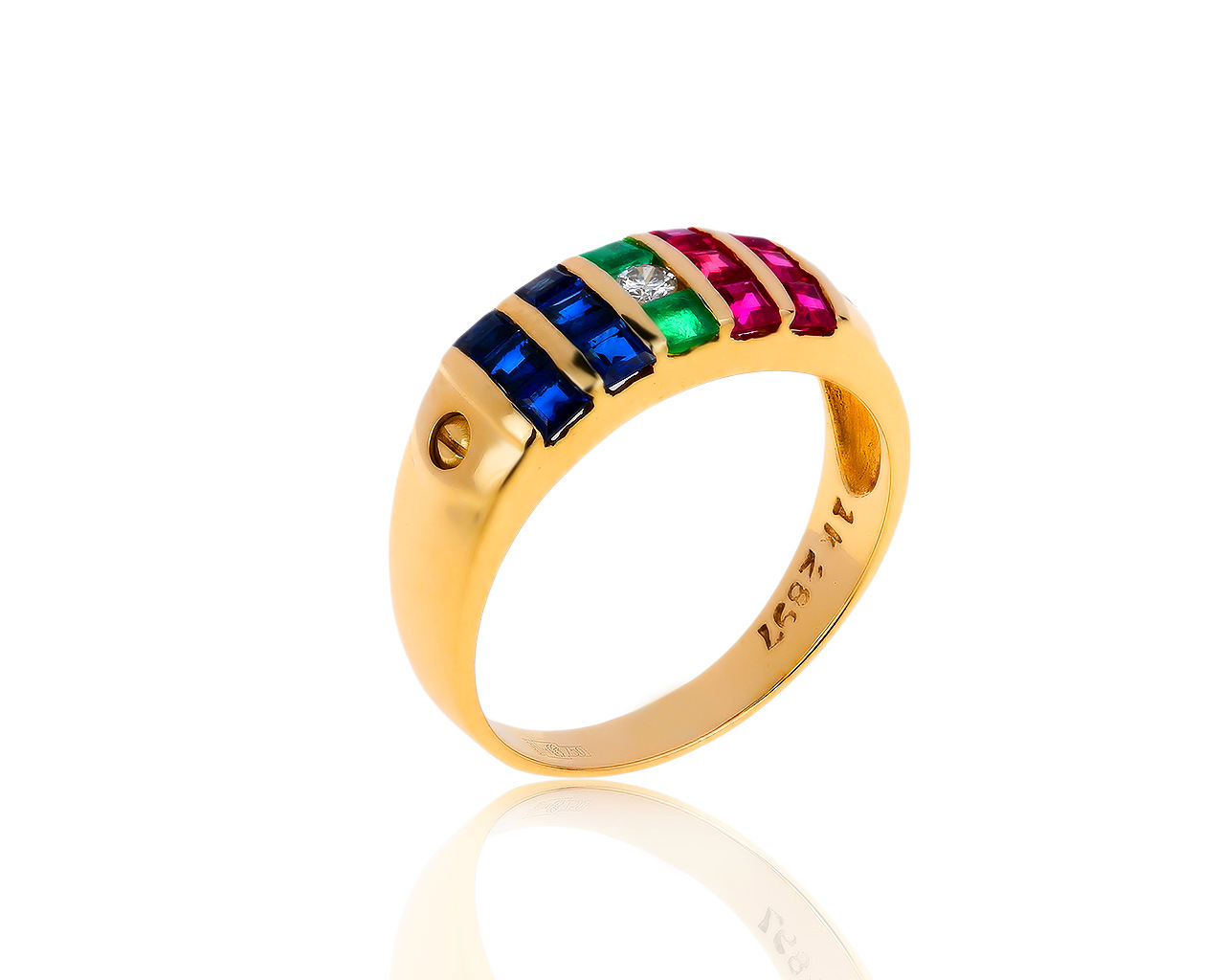 Модное золотое кольцо с цветными камнями