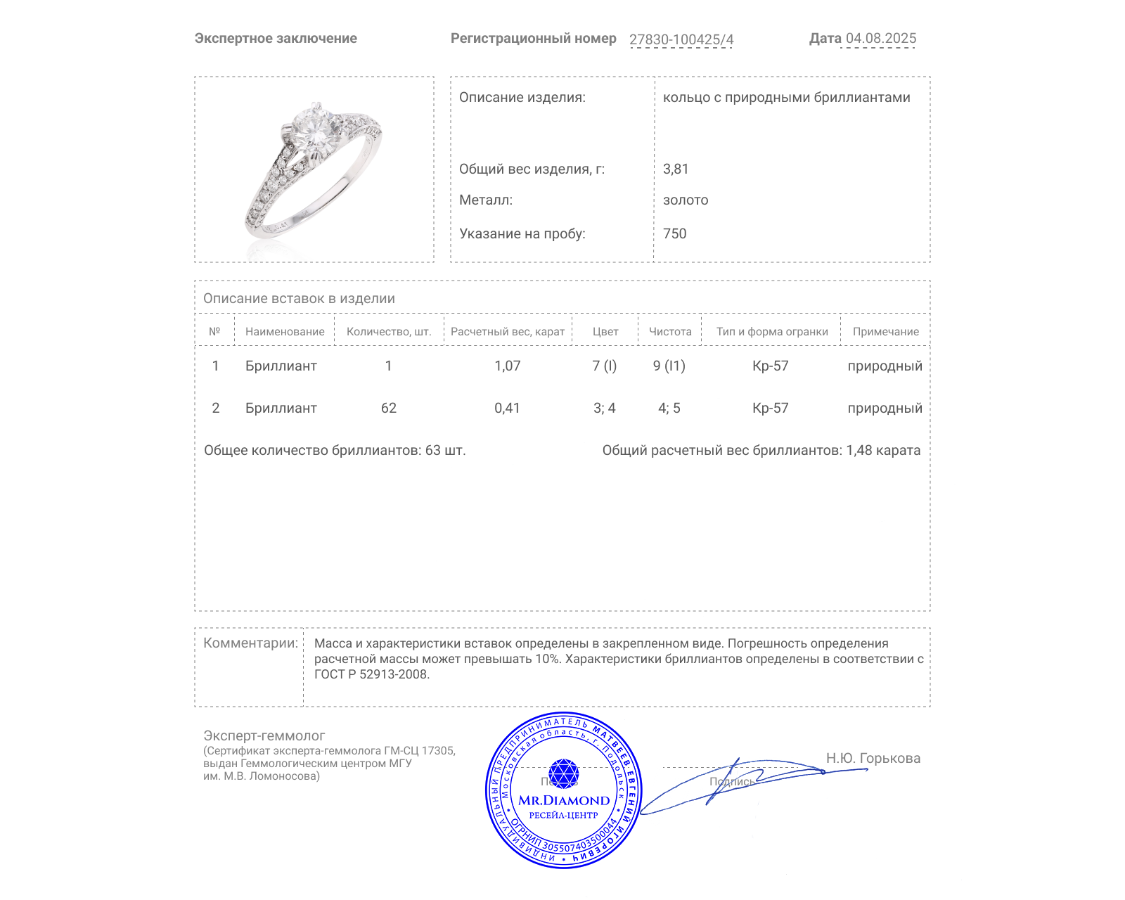 Золотое кольцо с бриллиантами 1.48ct