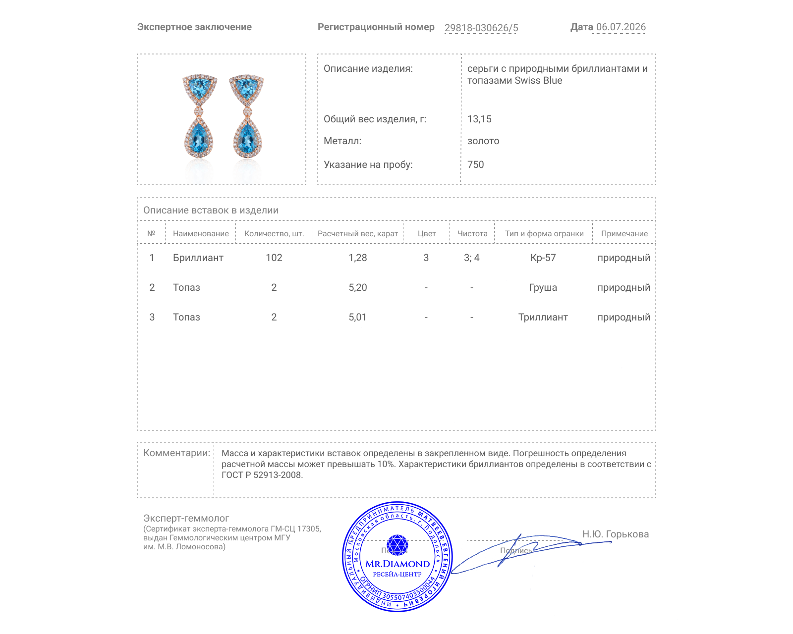 Золотые серьги с топазами 10.21ct и бриллиантами 1.28ct