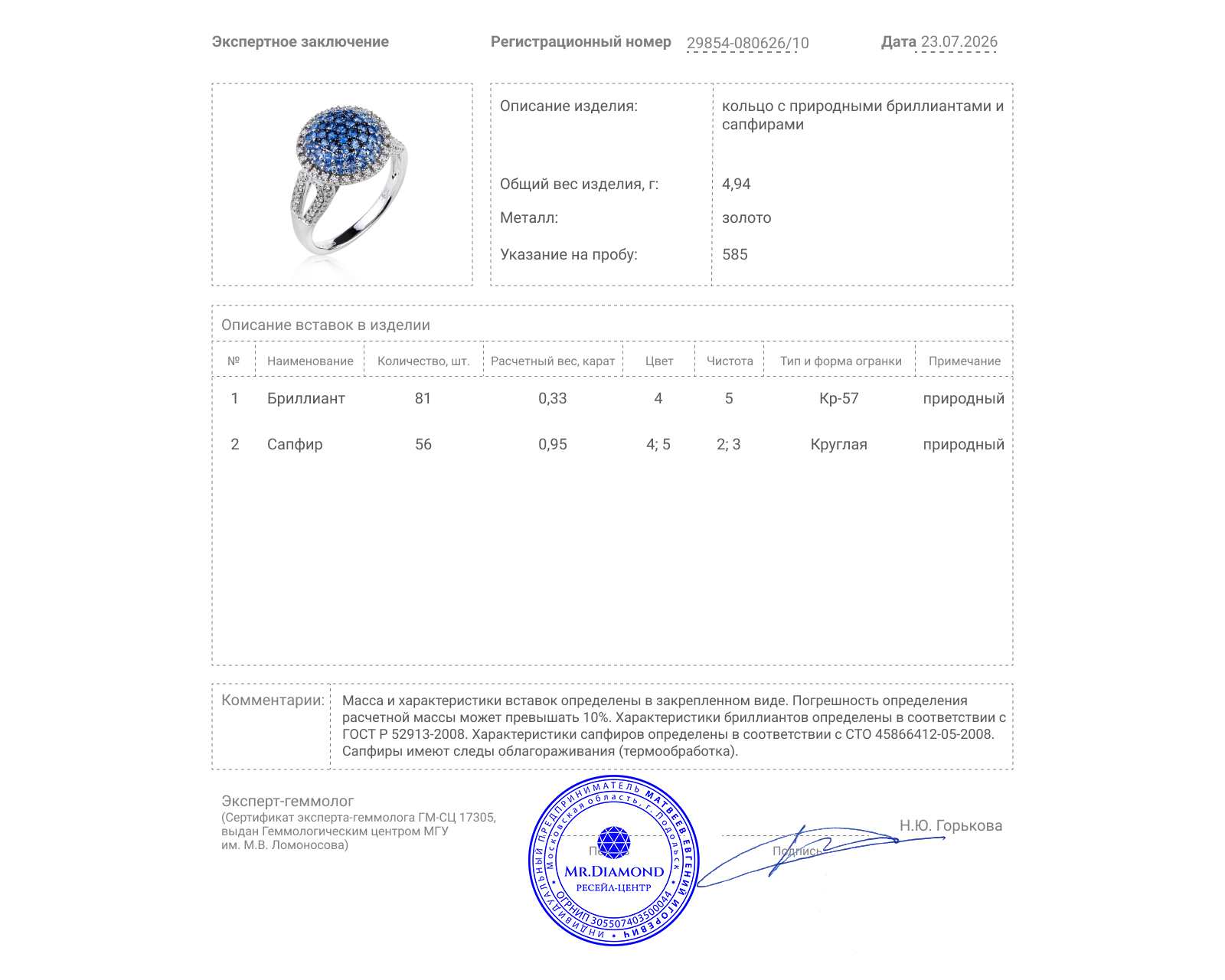 Золотое кольцо с сапфирами 0.95ct и бриллиантами 0.33ct