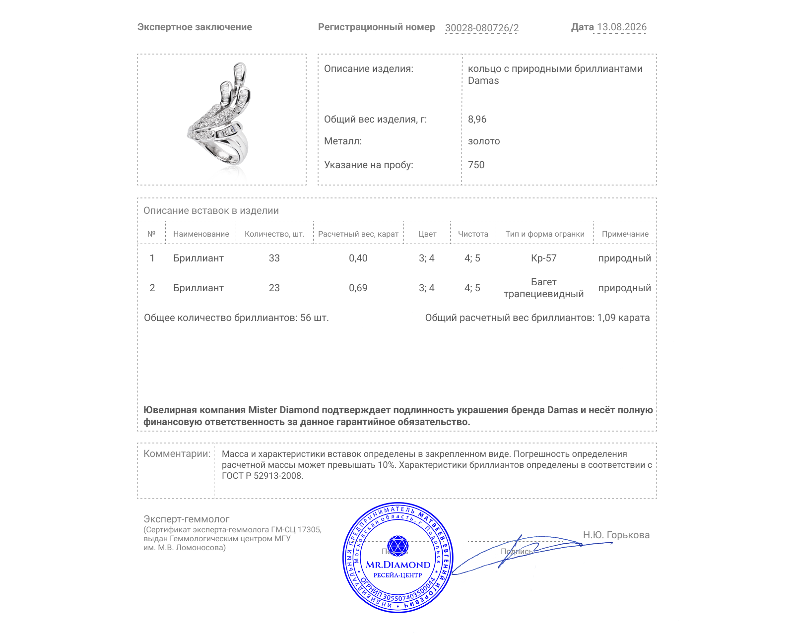 Оригинальное золотое кольцо с бриллиантами 1.09ct Damas
