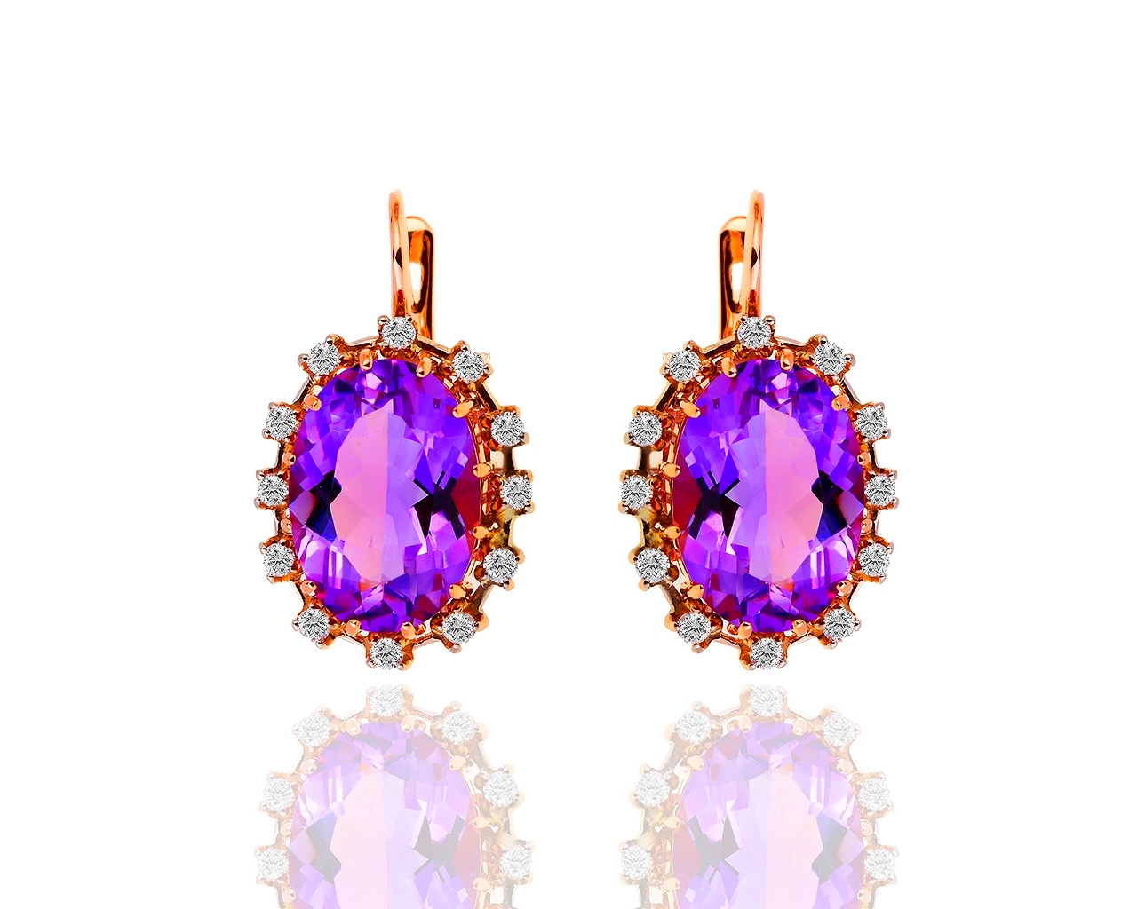 Золотые серьги с аметистами и бриллиантами 0.50ct 290319/2 Золотые серьги с аметистами и бриллиантами 0.50ct 290319/2