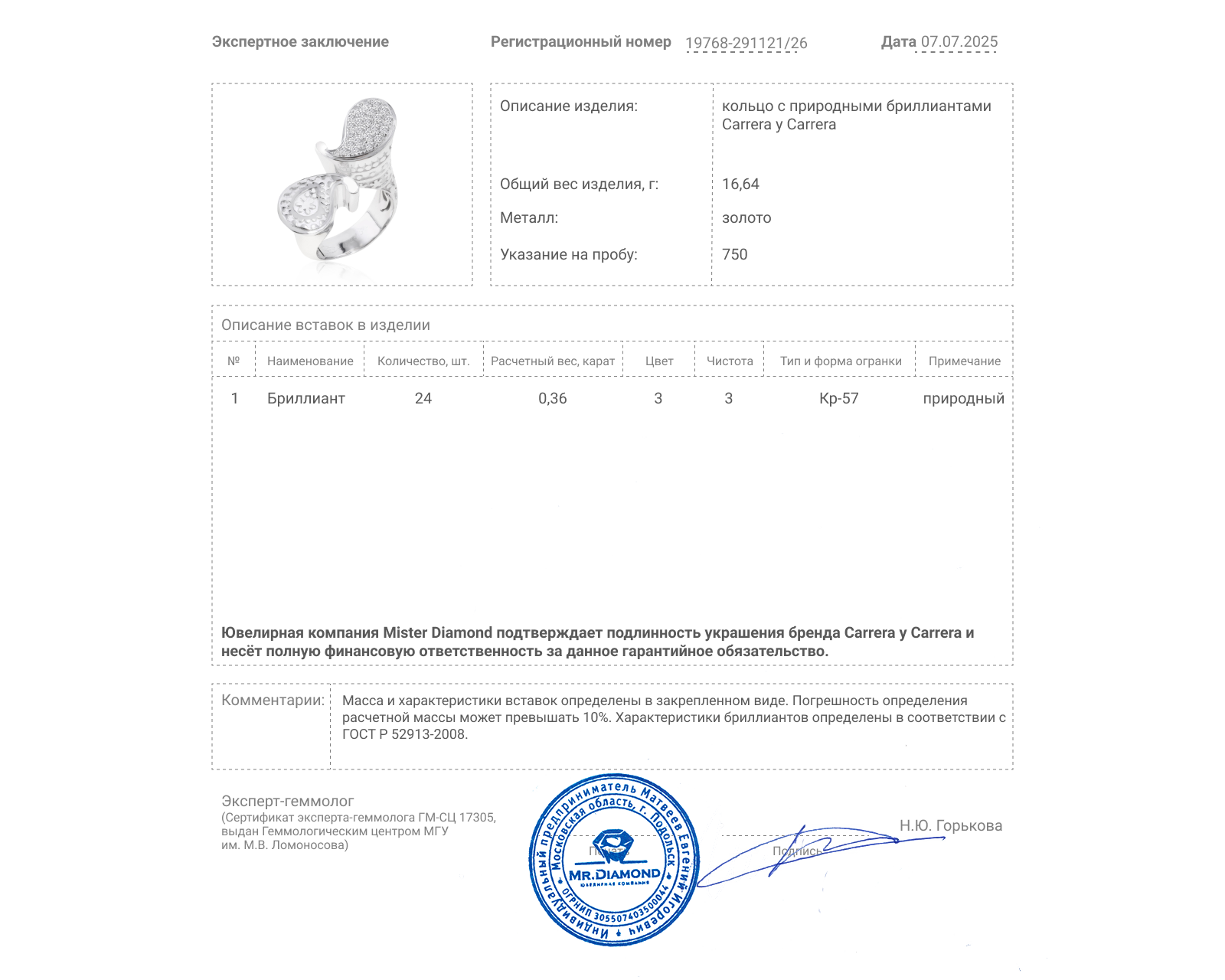 Оригинальное золотое кольцо с бриллиантами 0.36ct Carrera y Carrera Agua