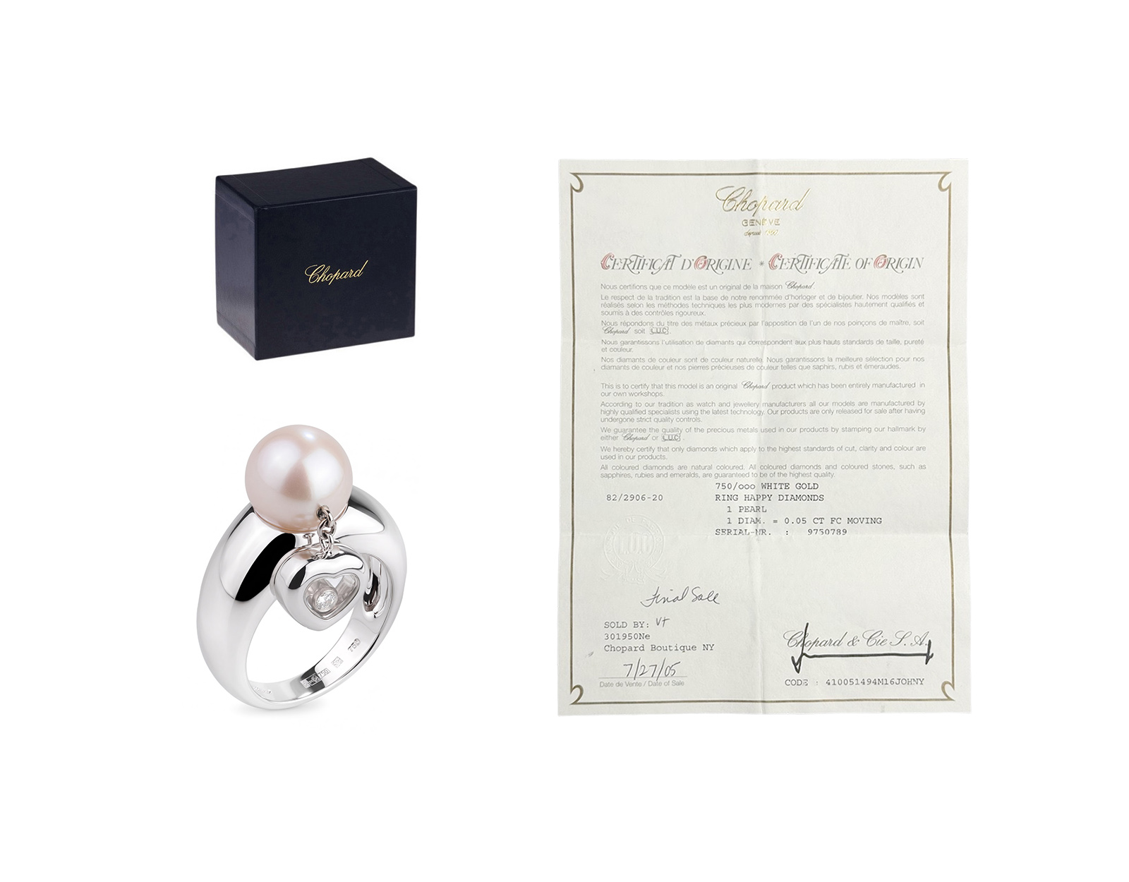 Оригинальное золотое кольцо с жемчугом 8.80 мм Chopard Happy Diamonds