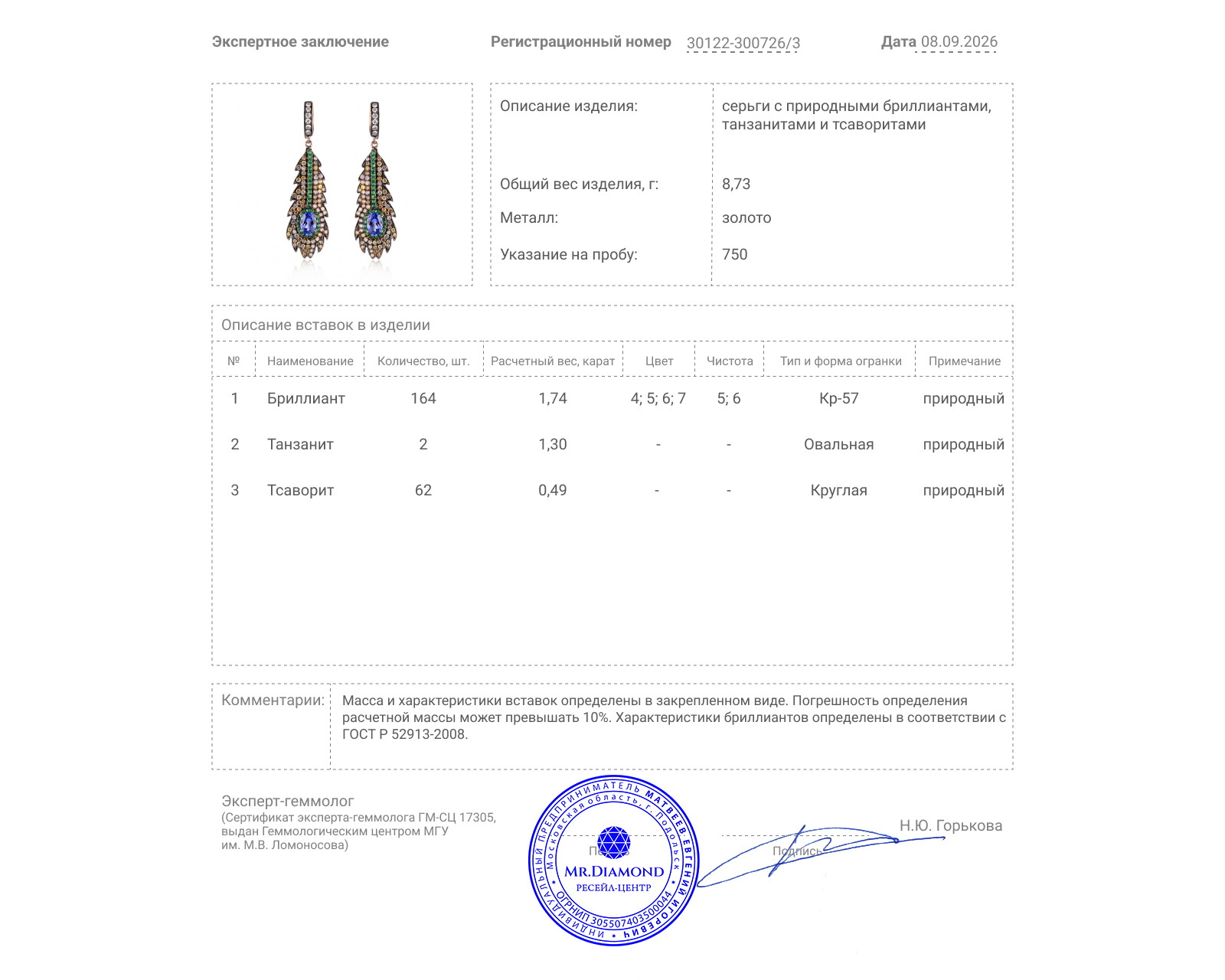 Золотые серьги с танзанитами 1.30ct и бриллиантами 1.74ct