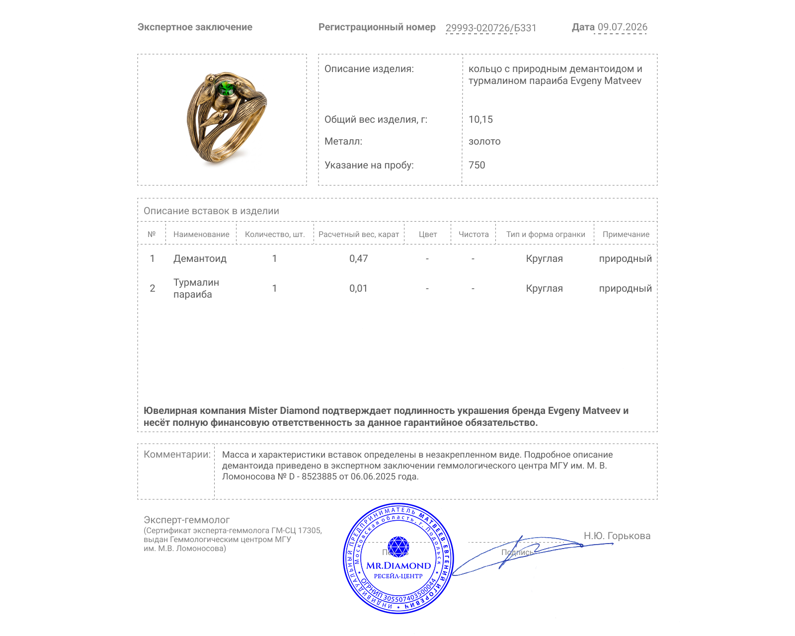Золотое кольцо с демантоидом 0.47ct Evgeny Matveev