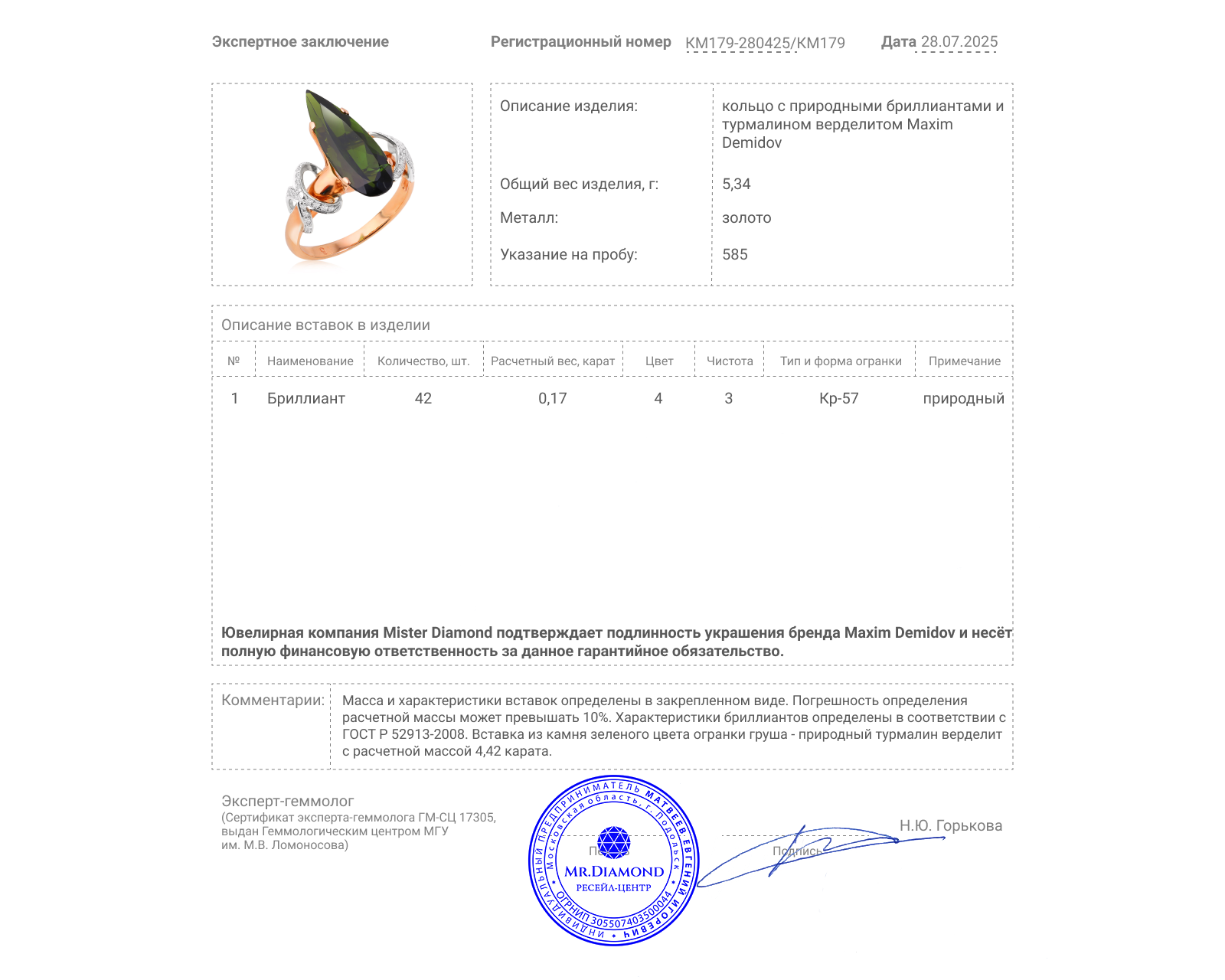 Оригинальное золотое кольцо с турмалином 4.42ct Maxim Demidov