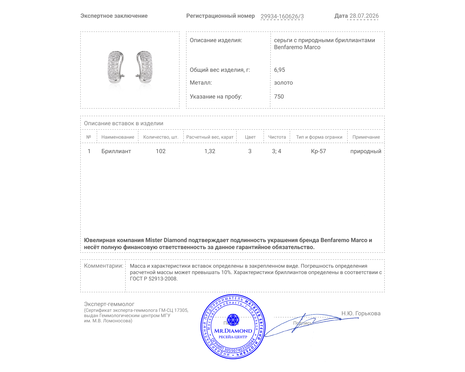 Оригинальные золотые серьги с бриллиантами 1.32ct Benfaremo Marco
