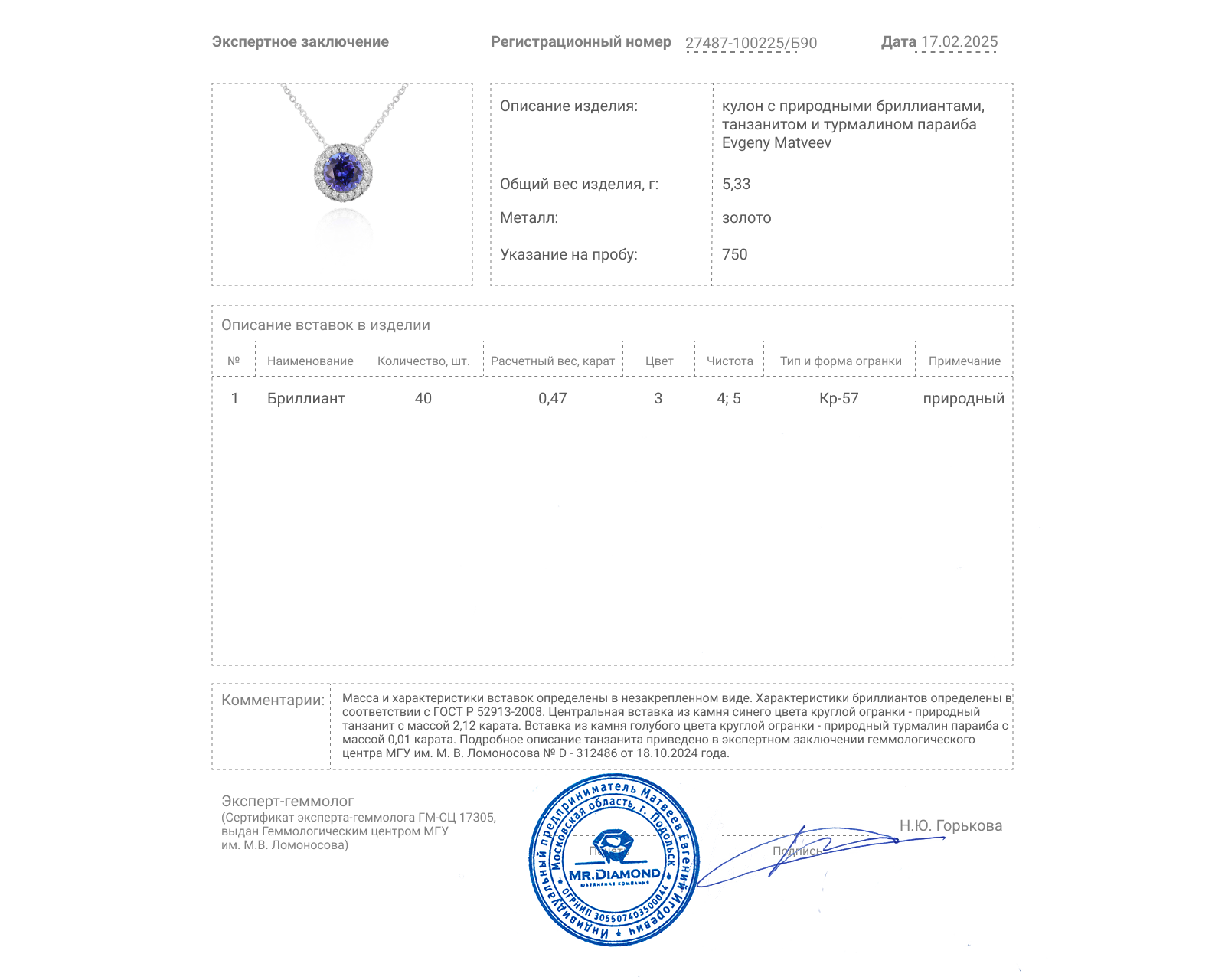 Золотой кулон с танзанитом 2.12ct Evgeny Matveev
