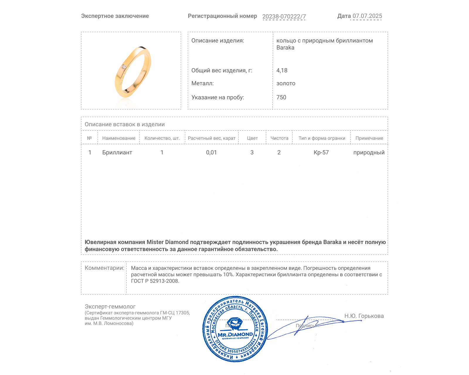 Оригинальное золотое кольцо с бриллиантом 0.01ct Baraka