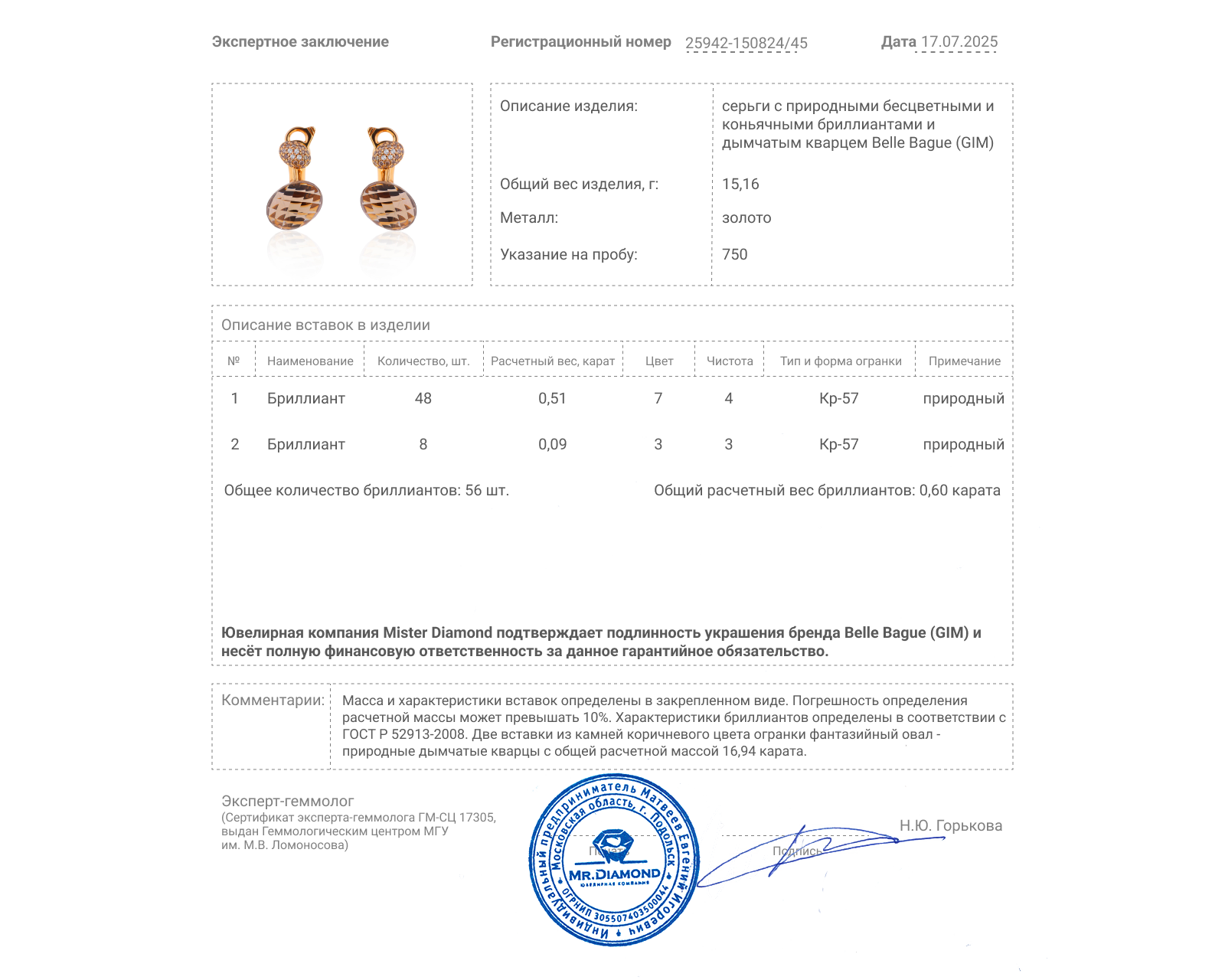 Оригинальные золотые серьги с кварцем 16.94ct Belle Bague (GIM)