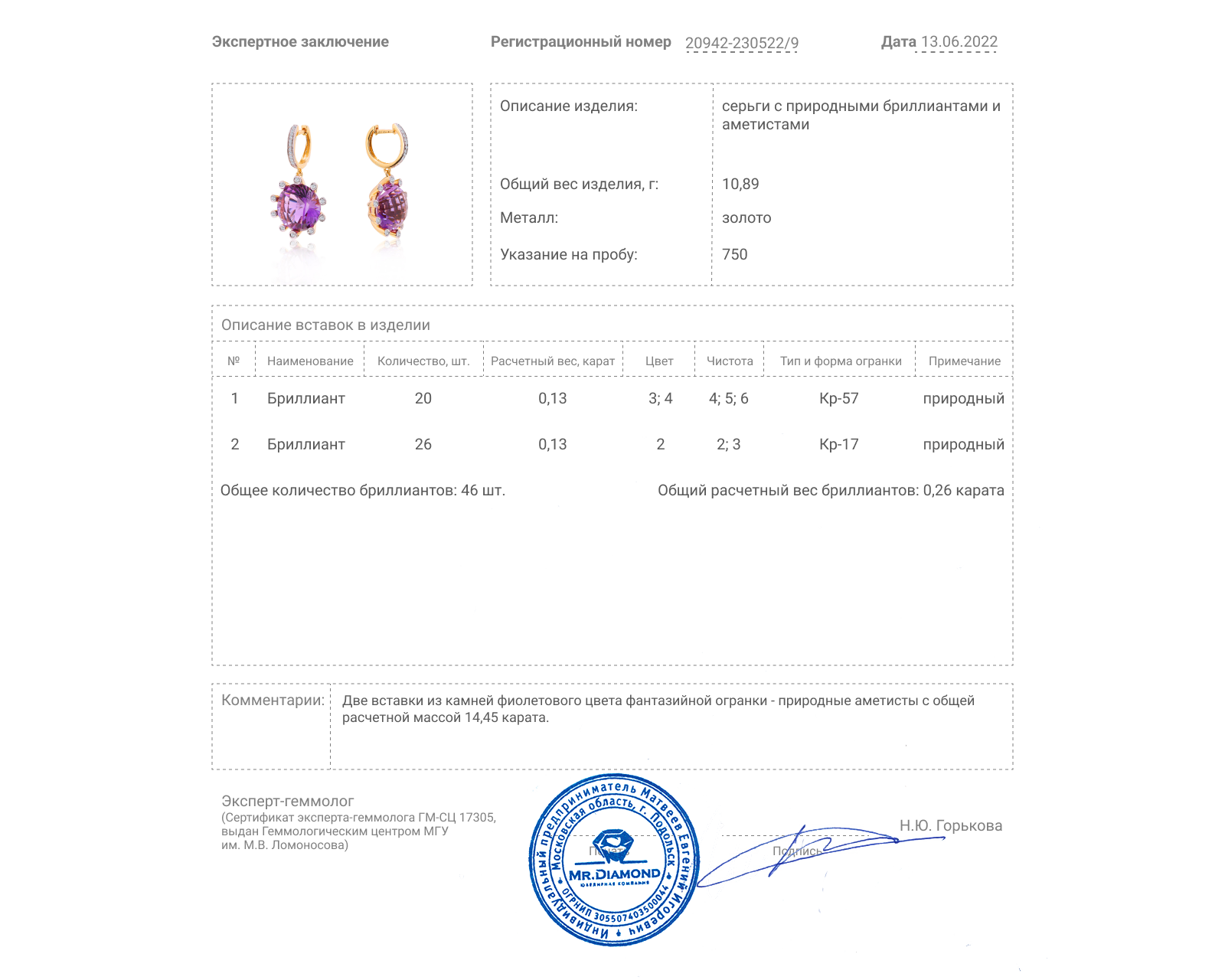Великолепные золотые серьги с аметистами 14.45ct