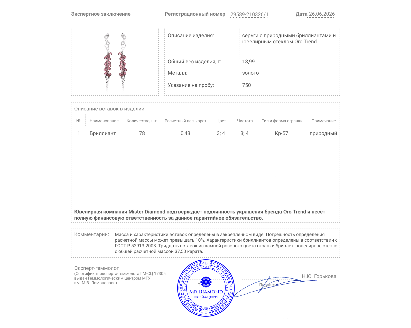 Оригинальные золотые серьги с ювелирным стеклом 37.50ct Oro Trend