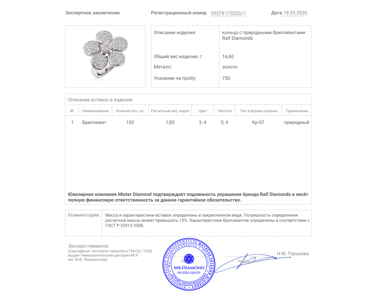 Оригинальное золотое кольцо с бриллиантами 1.83ct Ralf Diamonds