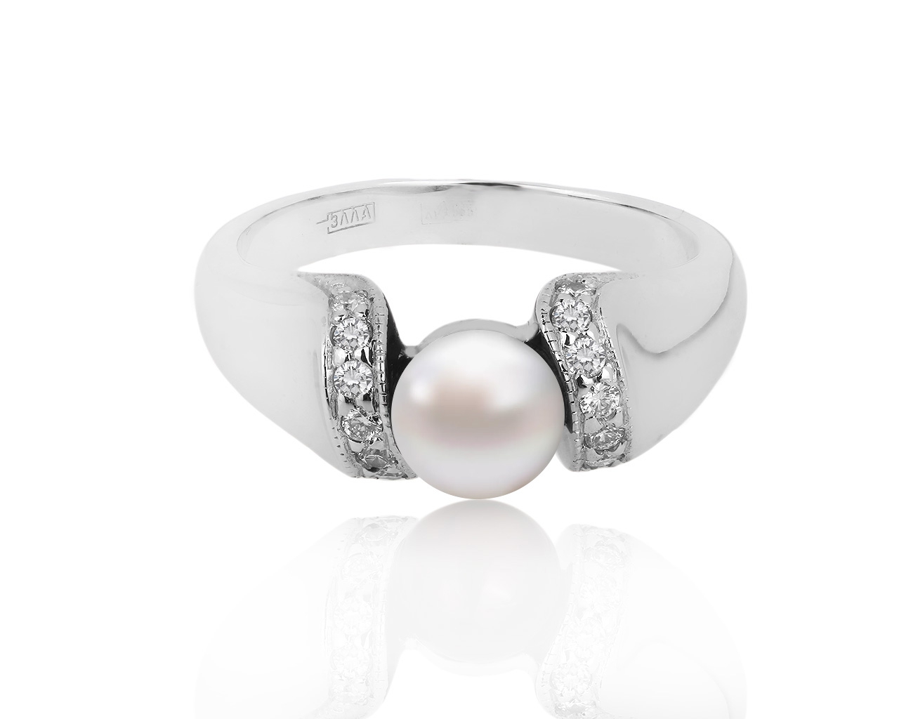 Золотое кольцо с жемчужиной и бриллиантами 0.21ct 230419/2
