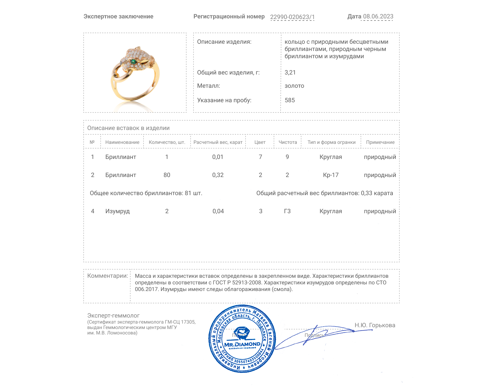 Золотое кольцо с изумрудами 0.04ct и бриллиантами 0.33ct
