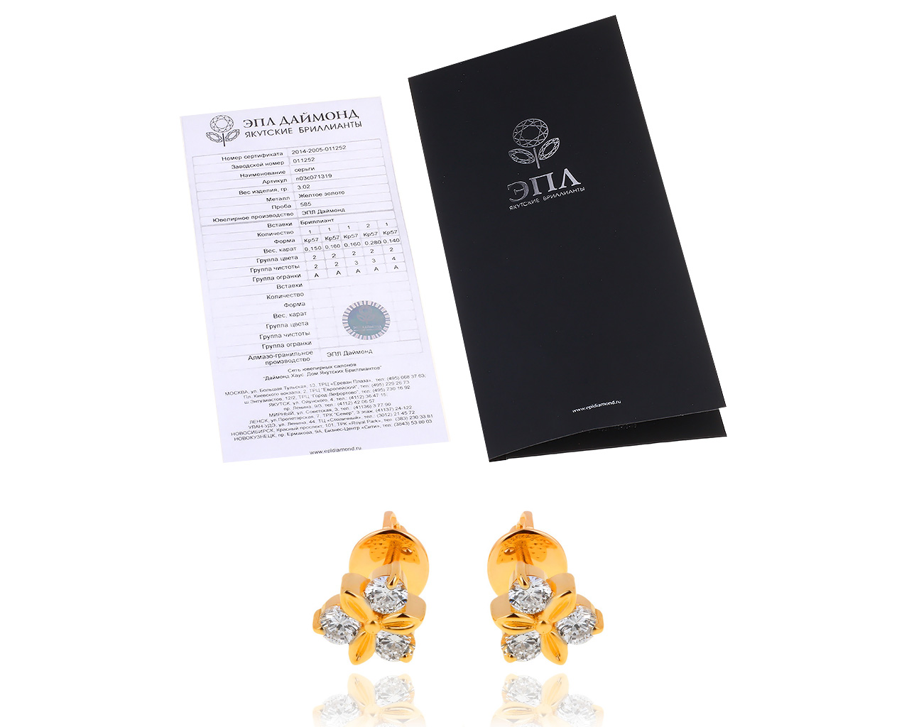 Золотые серьги пусеты с бриллиантами 0.89ct ЭПЛ