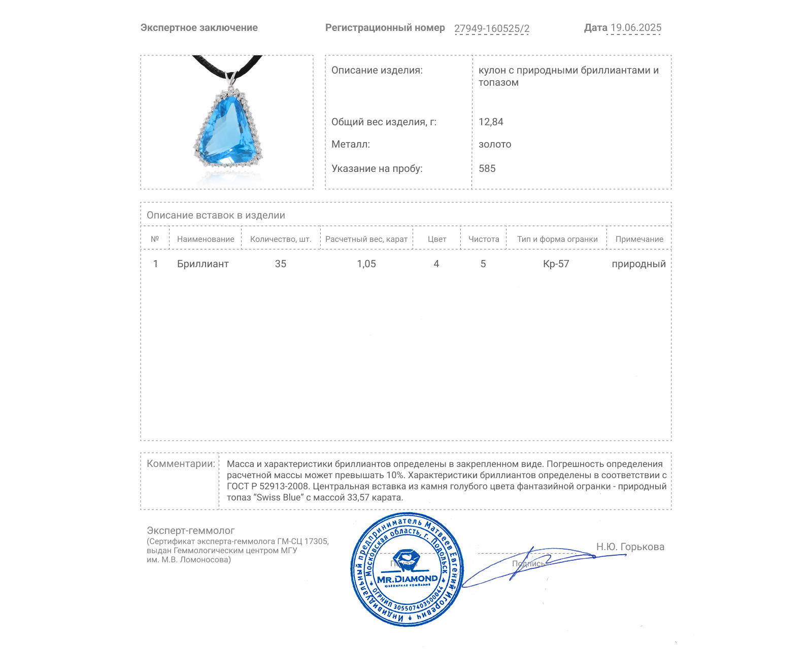 Золотой кулон с топазом 33.57ct и бриллиантами 1.05ct