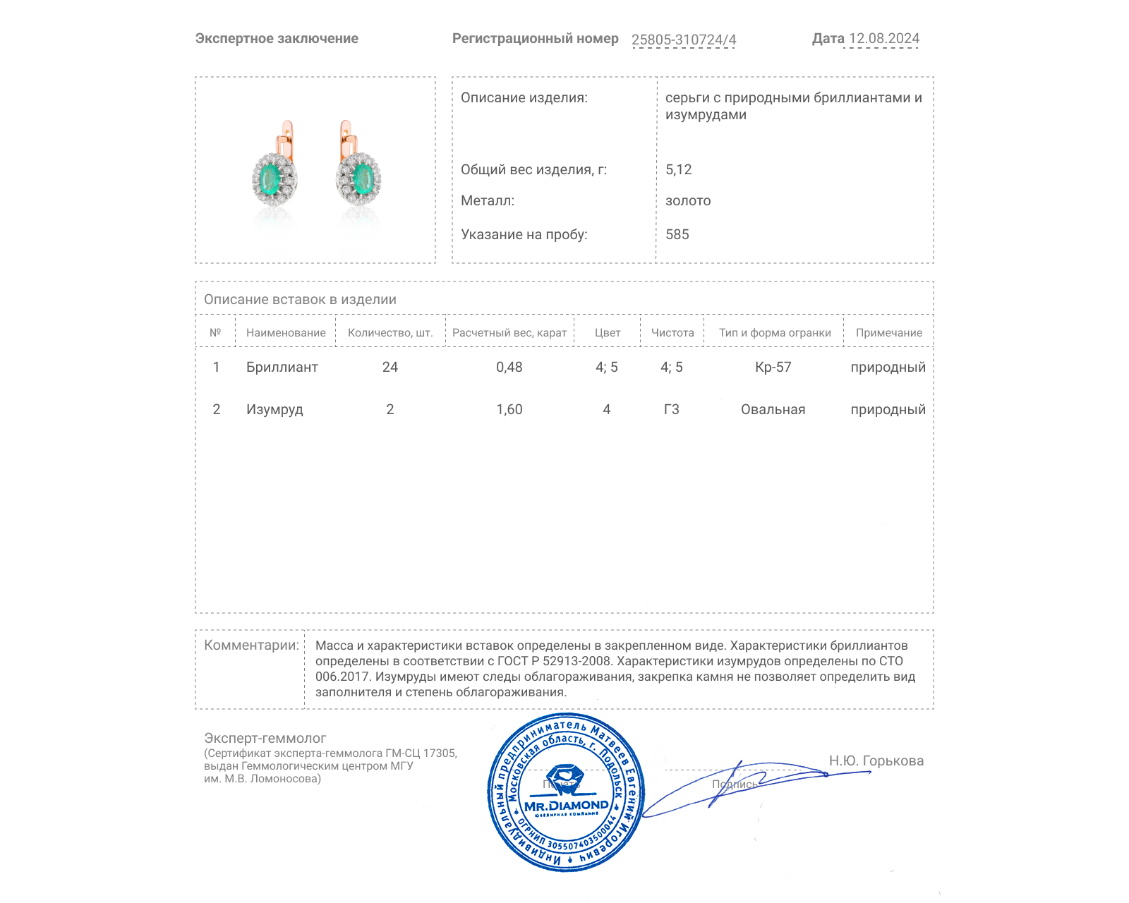 Золотые серьги с изумрудами 1.60ct и бриллиантами 0.48ct