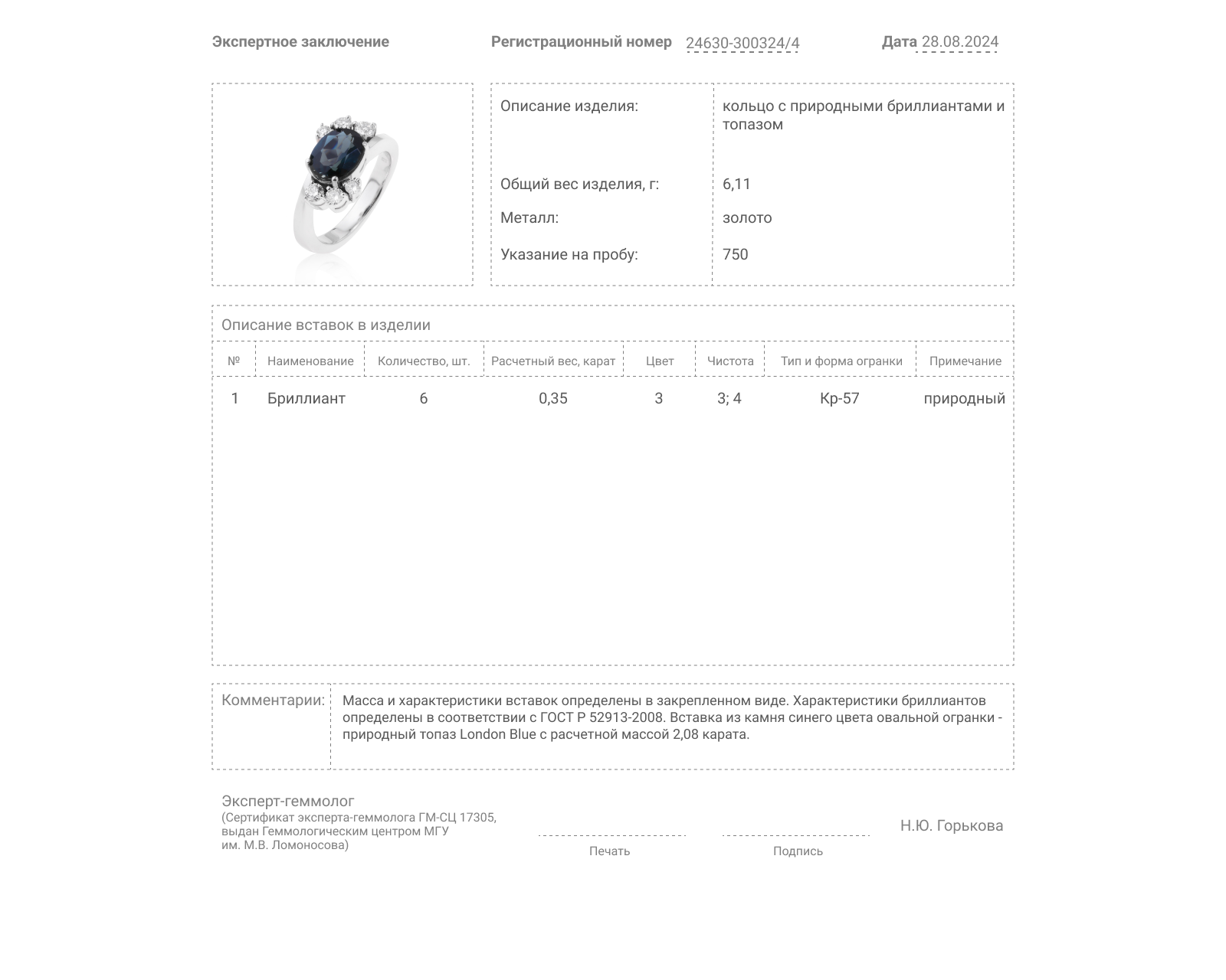 Золотое кольцо с топазом 2.08ct и бриллиантами 0.35ct