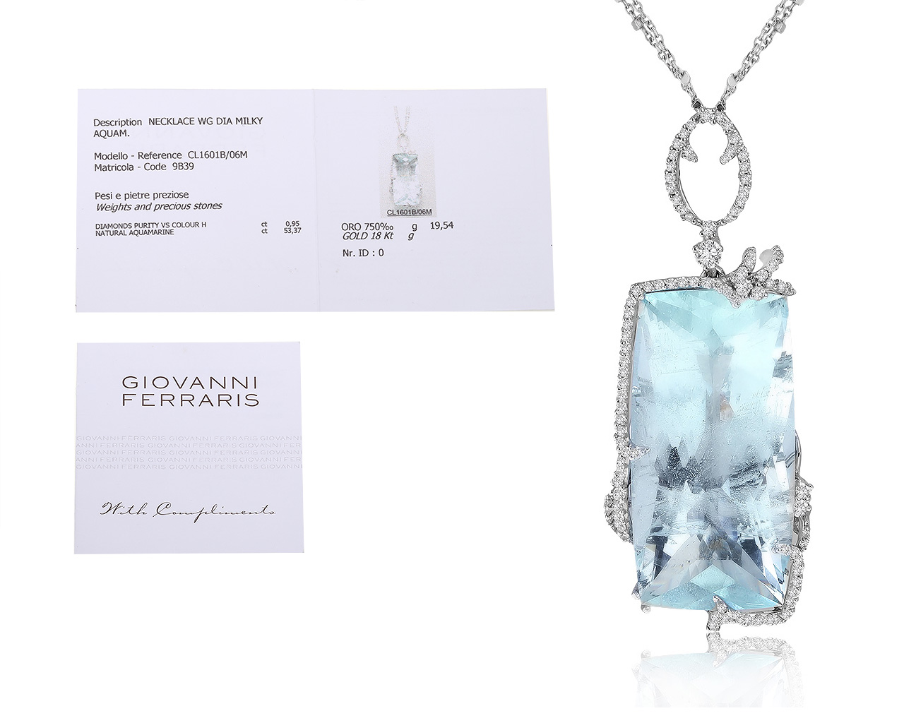 Оригинальный золотой кулон с аквамарином 53.37ct Giovanni Ferraris