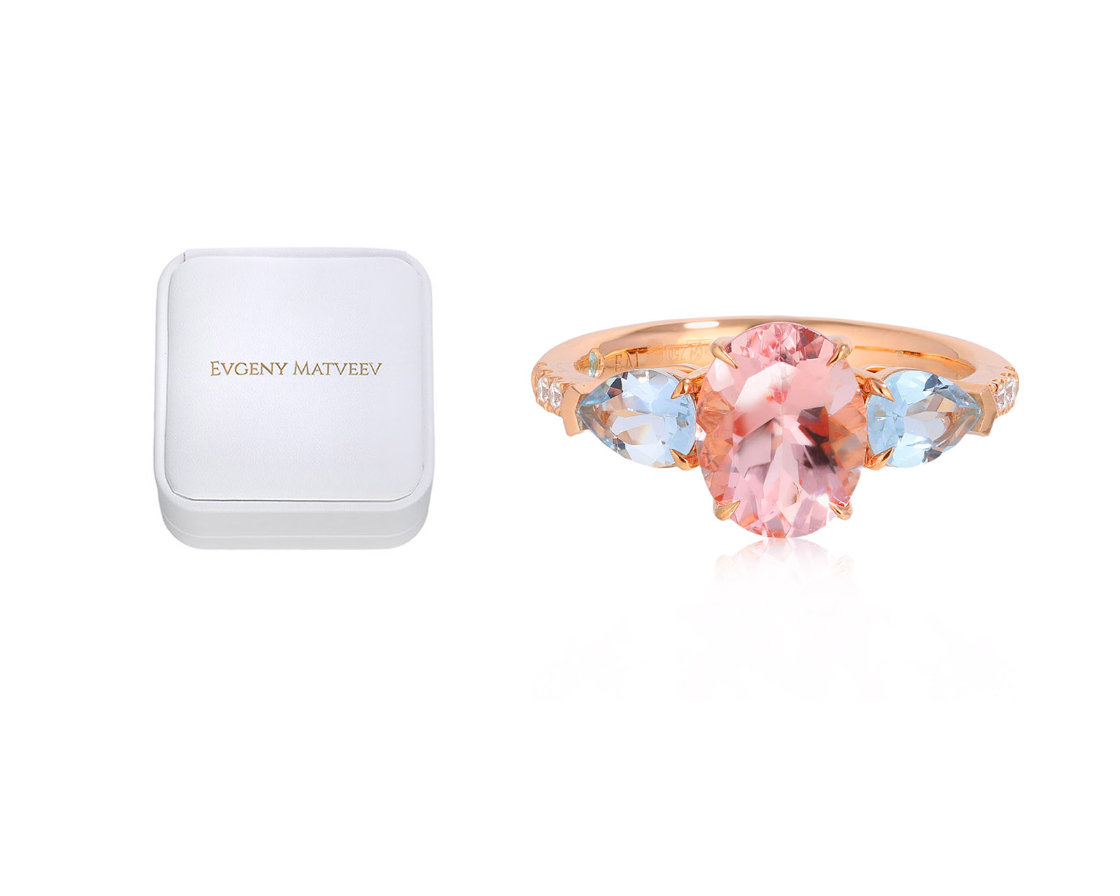 Золотое кольцо с морганитом 1.70ct и аквамаринами 0.66ct Evgeny Matveev