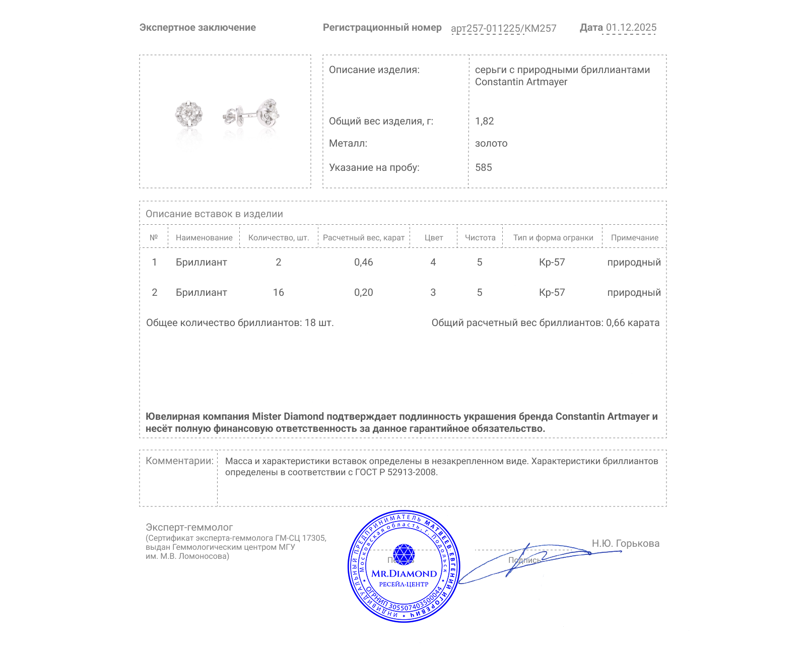 Оригинальные золотые серьги с бриллиантами 0.66ct Constantin Artmayer