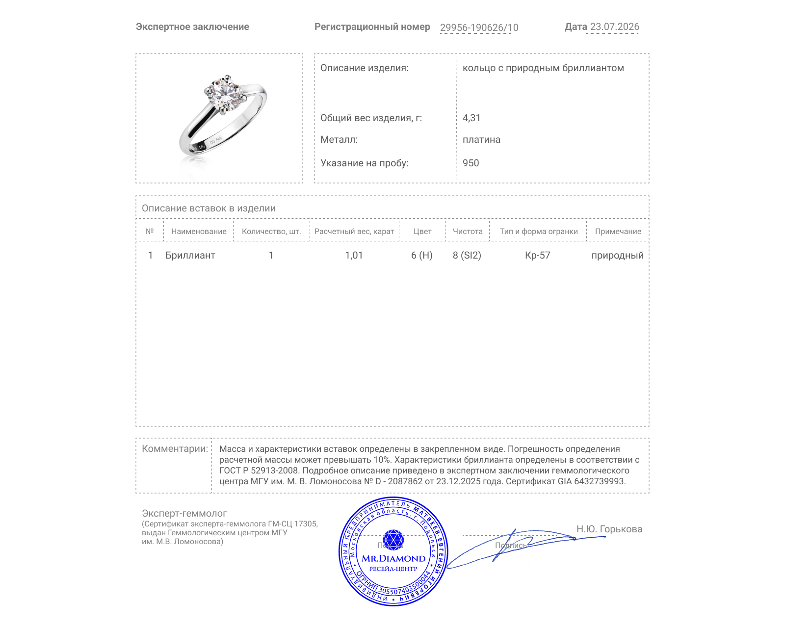 Платиновое кольцо с бриллиантом 1.01ct