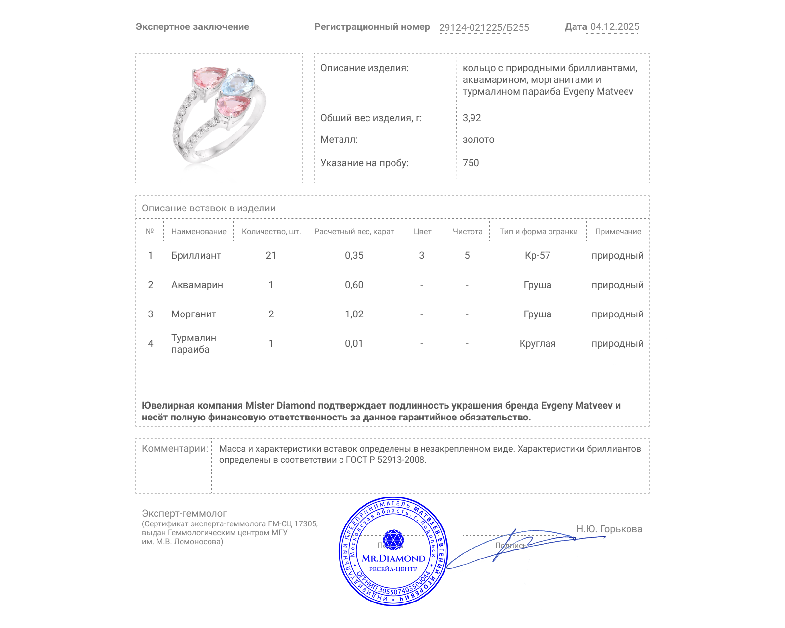 Золотое кольцо с аквамарином 0.60ct и морганитами 1.02ct Evgeny Matveev