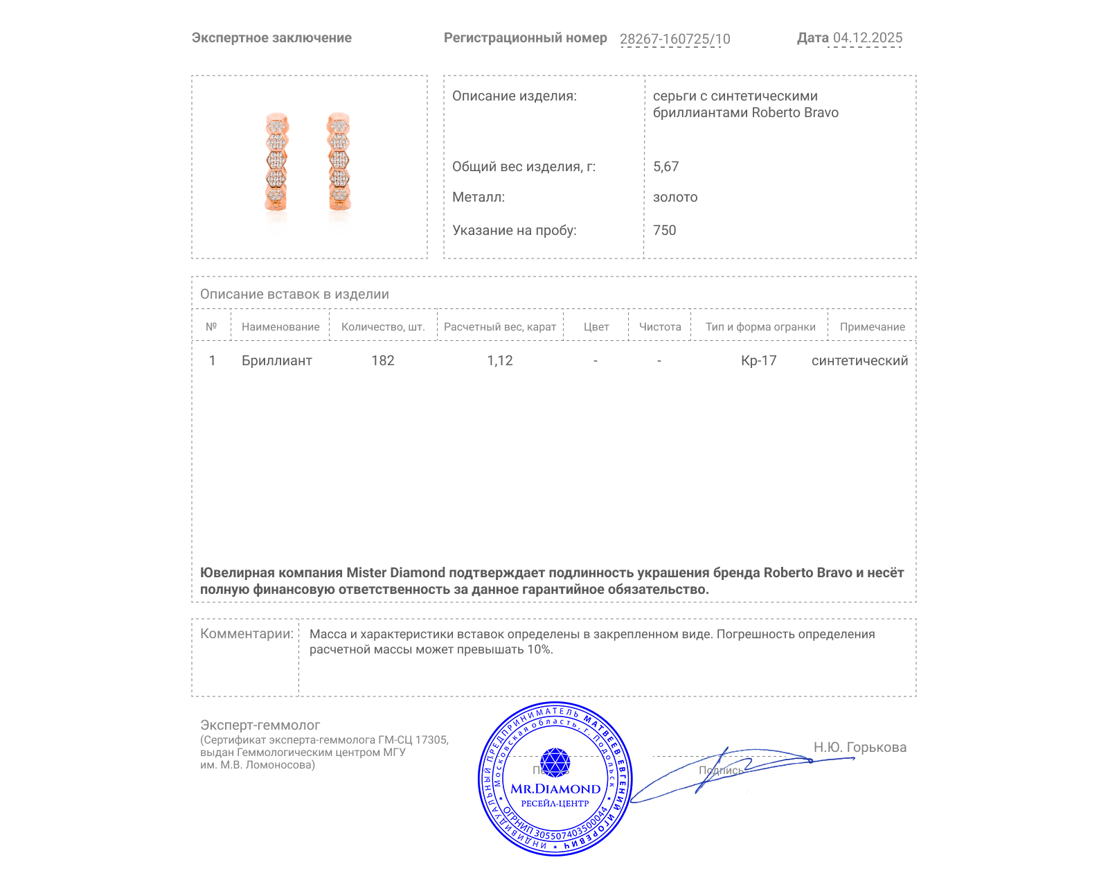 Оригинальные золотые серьги с бриллиантами 1.12ct Roberto Bravo