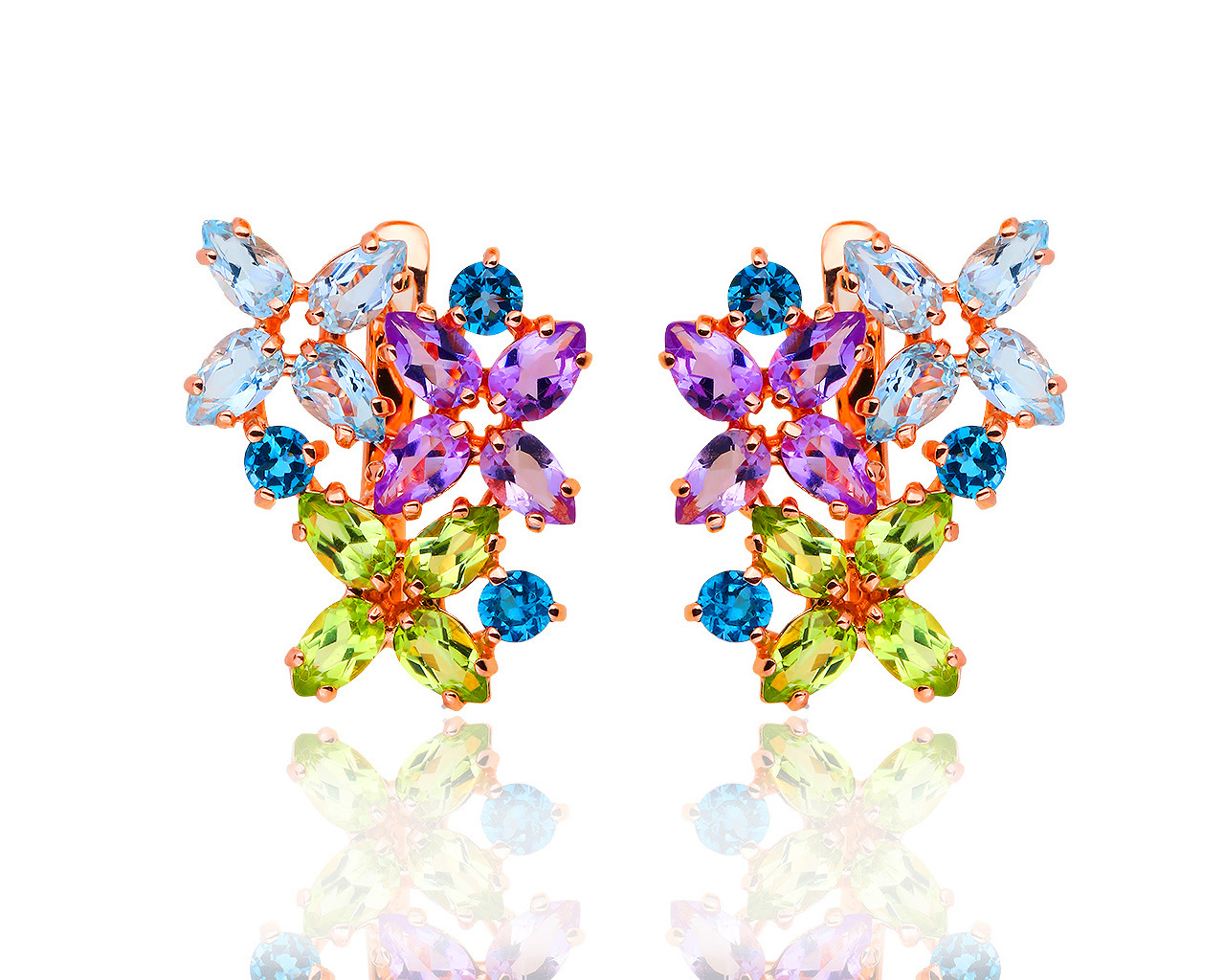 Яркие золотые серьги с цветными камнями 010519/4